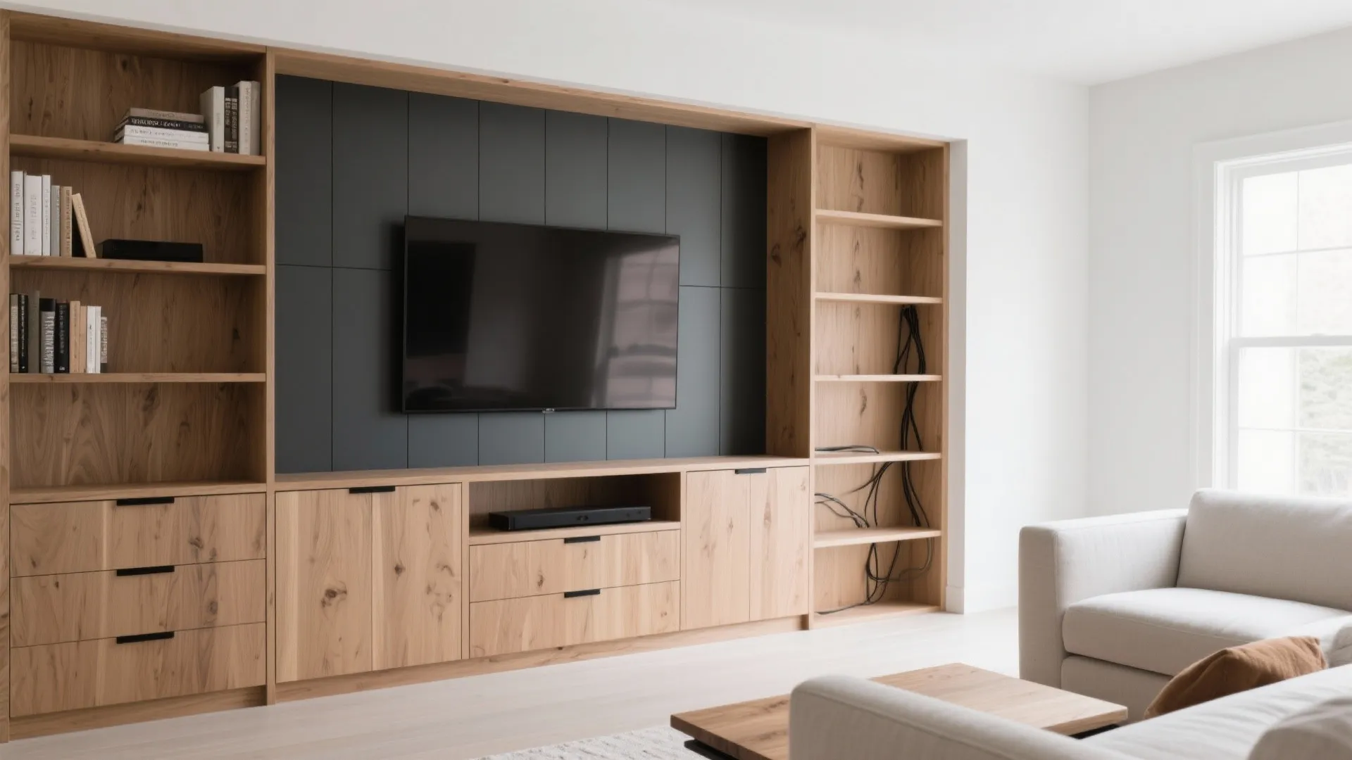 Large wooden wall cabinet with television screen dark grey paneling bookshelf and white sofa chair