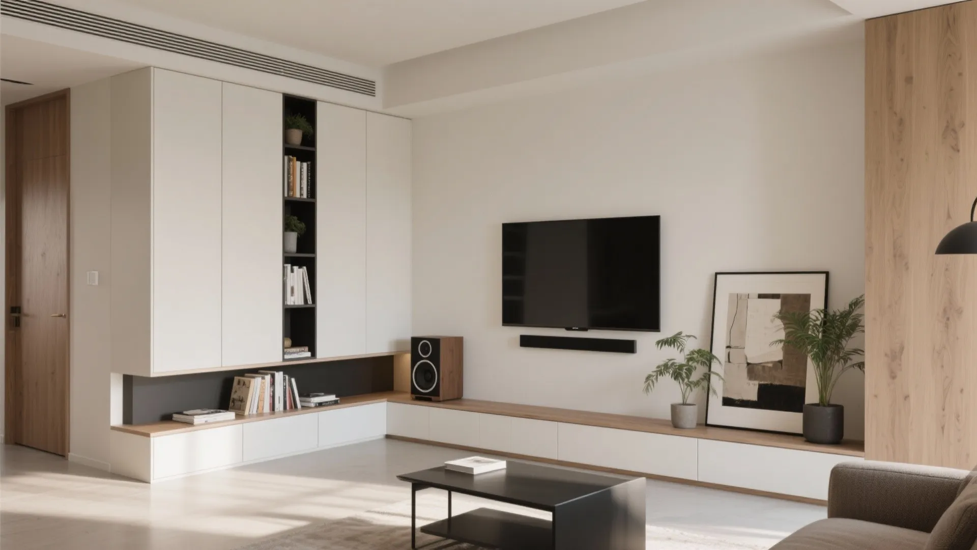 Modern living room featuring white wall cabinets, wooden floor, large television, and black coffee table