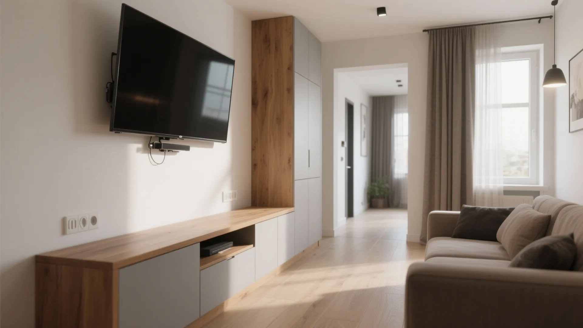 L-shaped media corner that frees walkway space