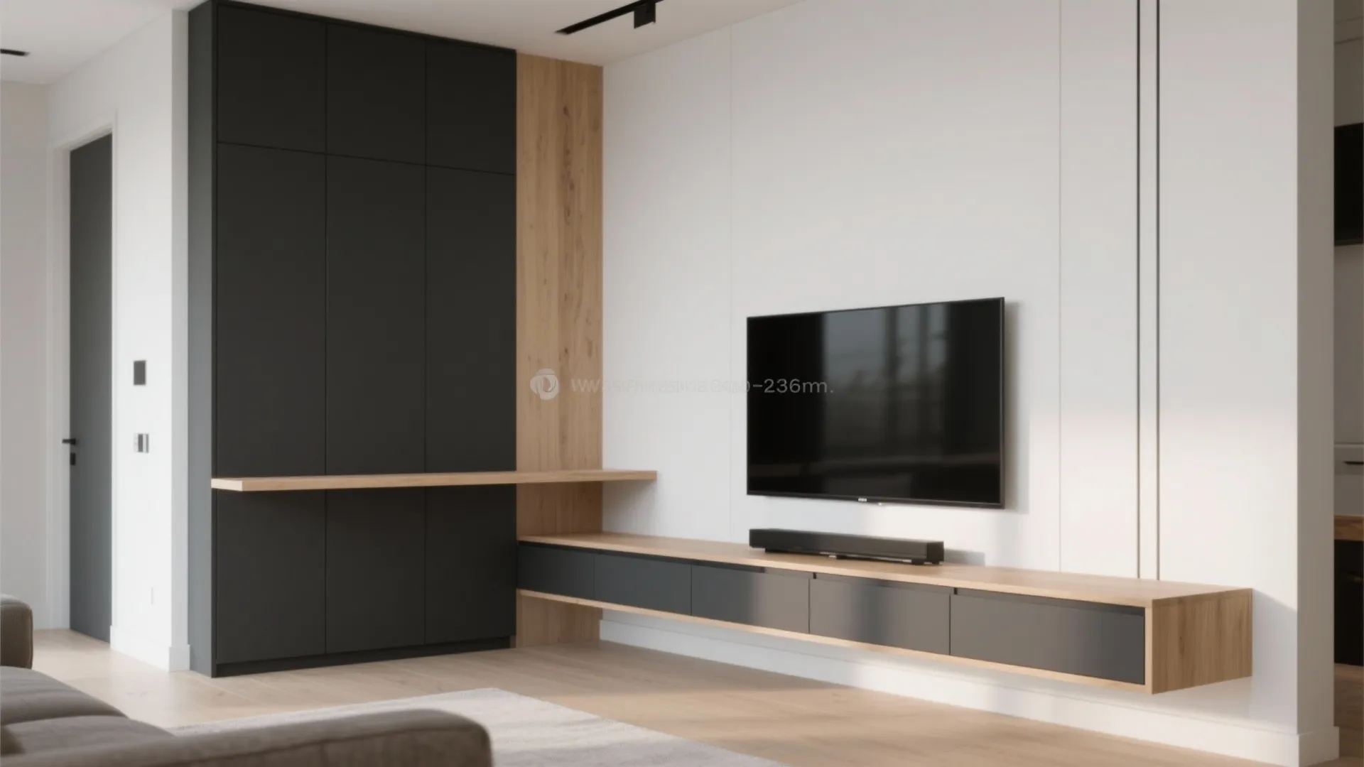 Modern interior design with tall black cabinets wooden floating shelf and gray wall mounted console