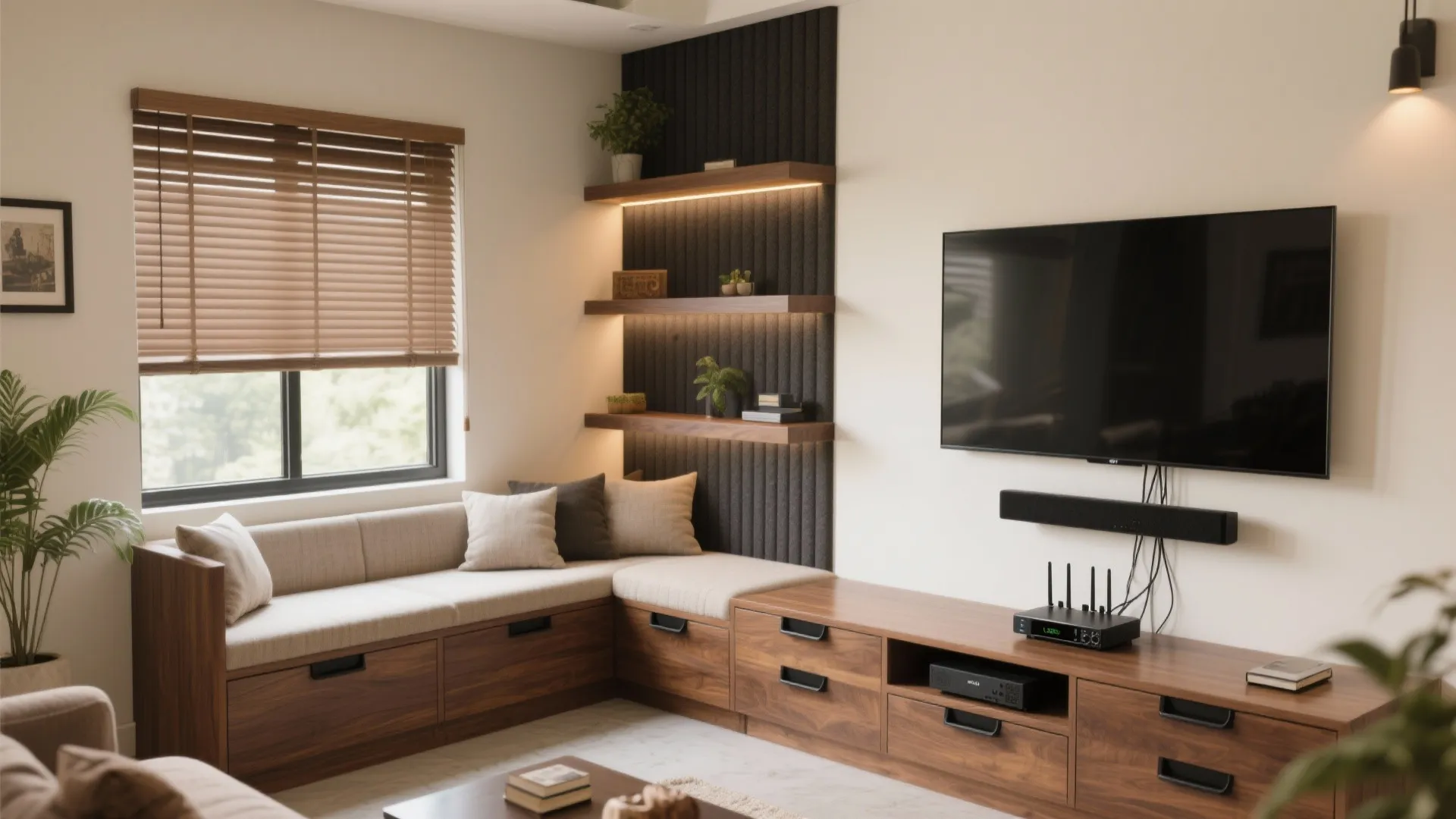Modern living room featuring a wooden sofa with storage drawers and wall mounted television set