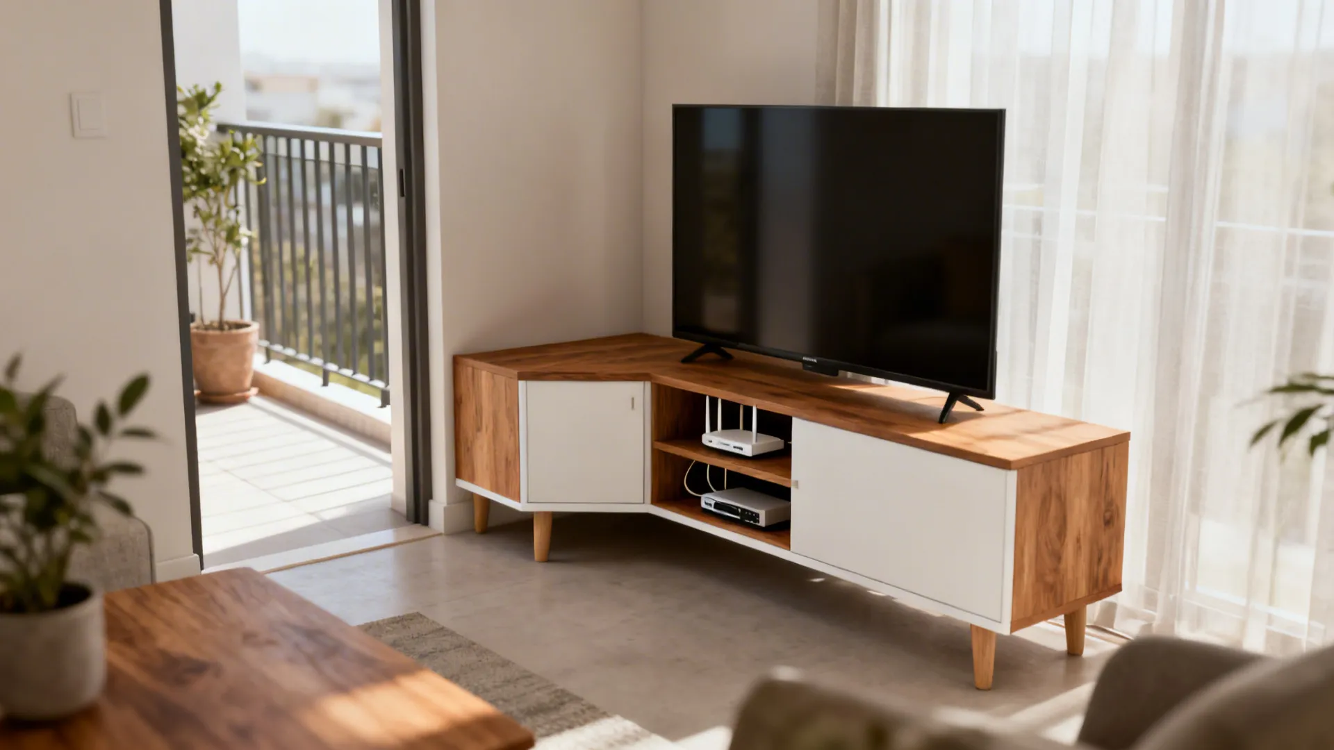 L-shaped corner TV unit preserves the center circulation in a compact living room.
