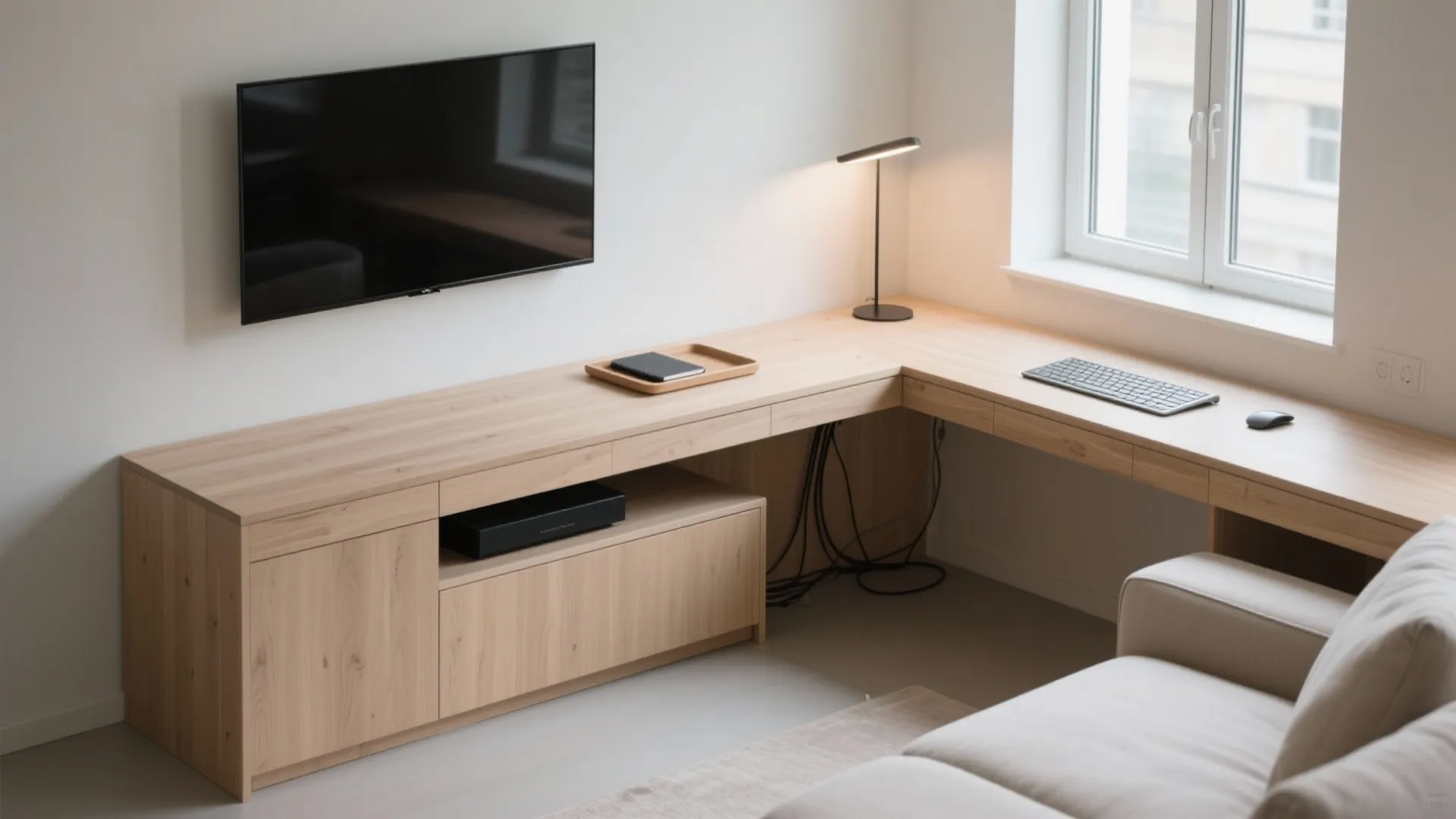 L-shaped corner desk that doubles as media console