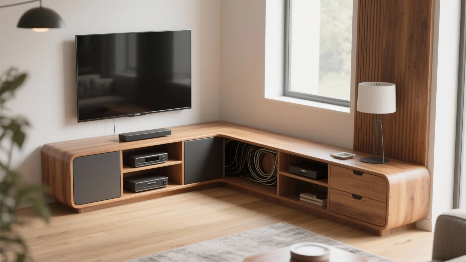 L-shaped corner media unit with TV and concealed storage in a modern living room