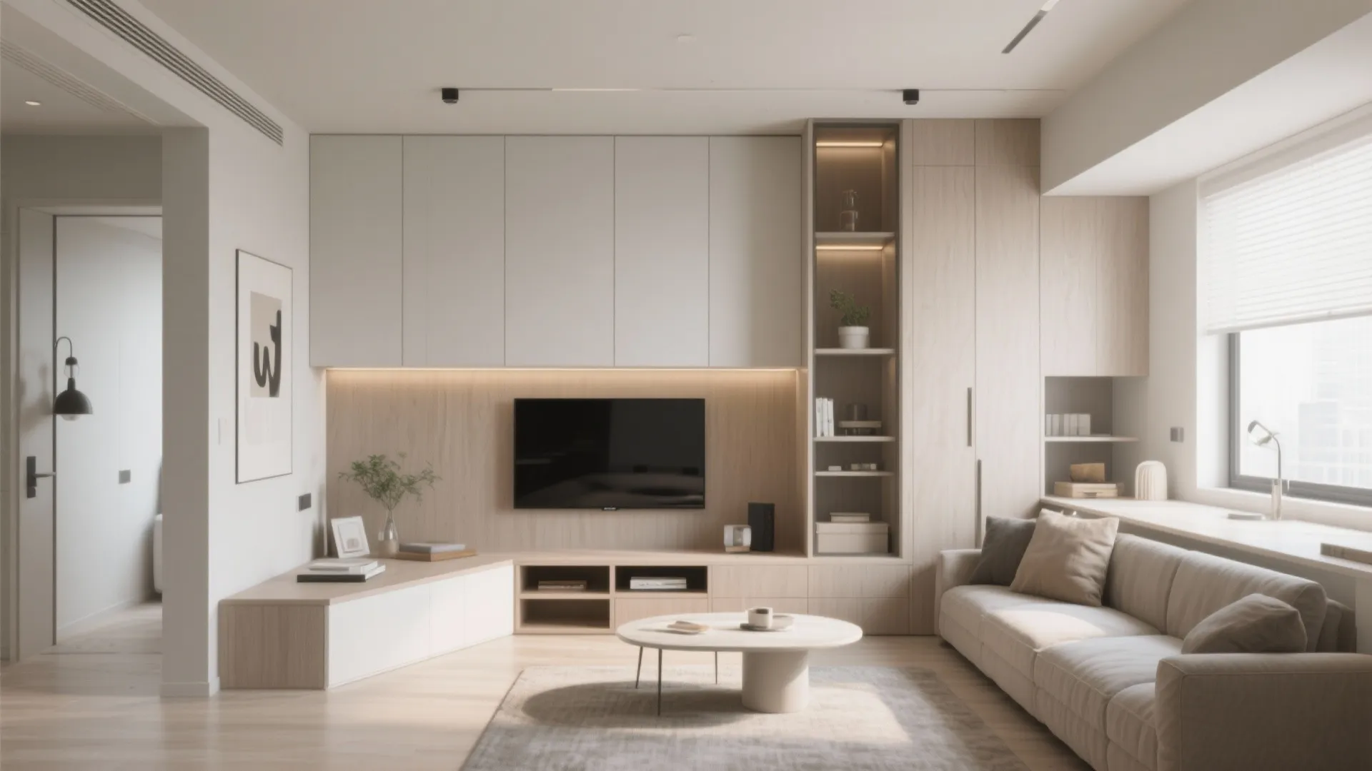 Media Wall with L-shaped Cabinetry