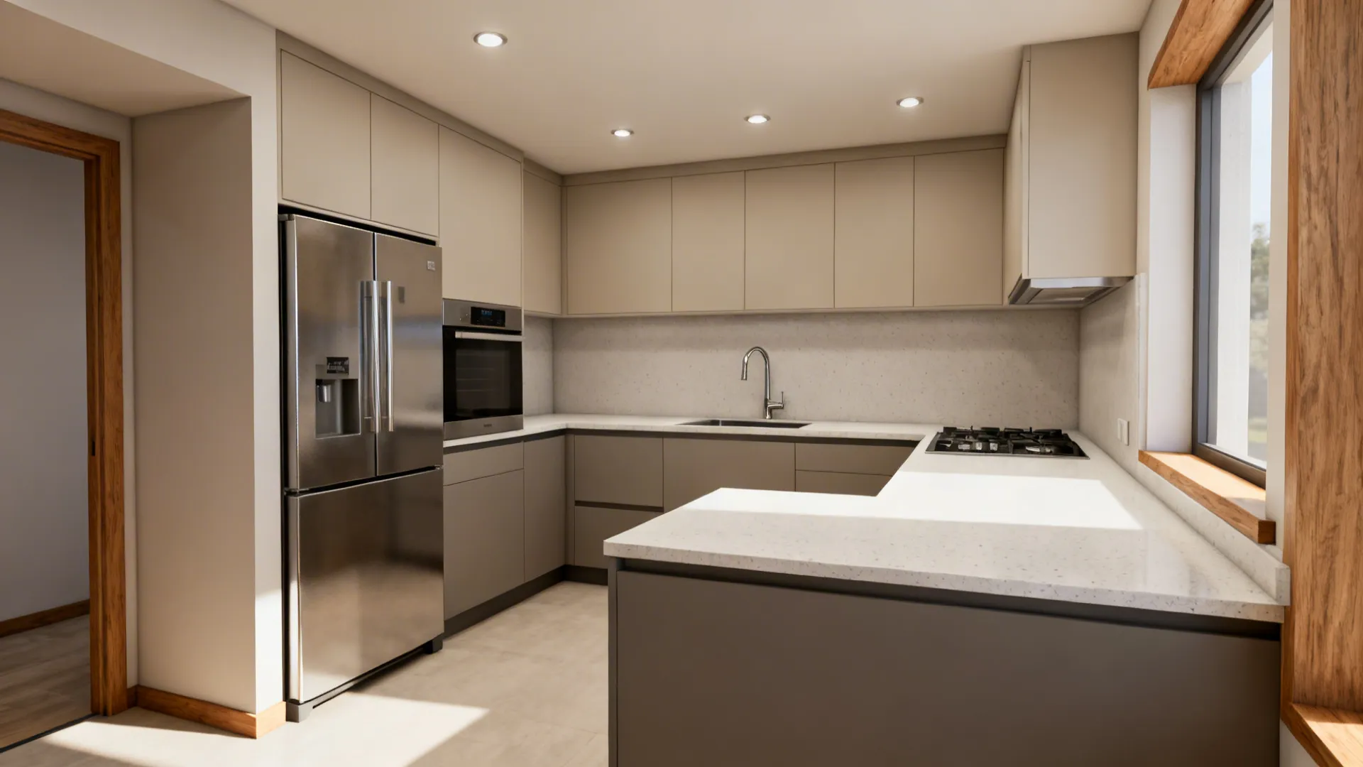 Compact L-shaped kitchen with tight work triangle and extended counter space.