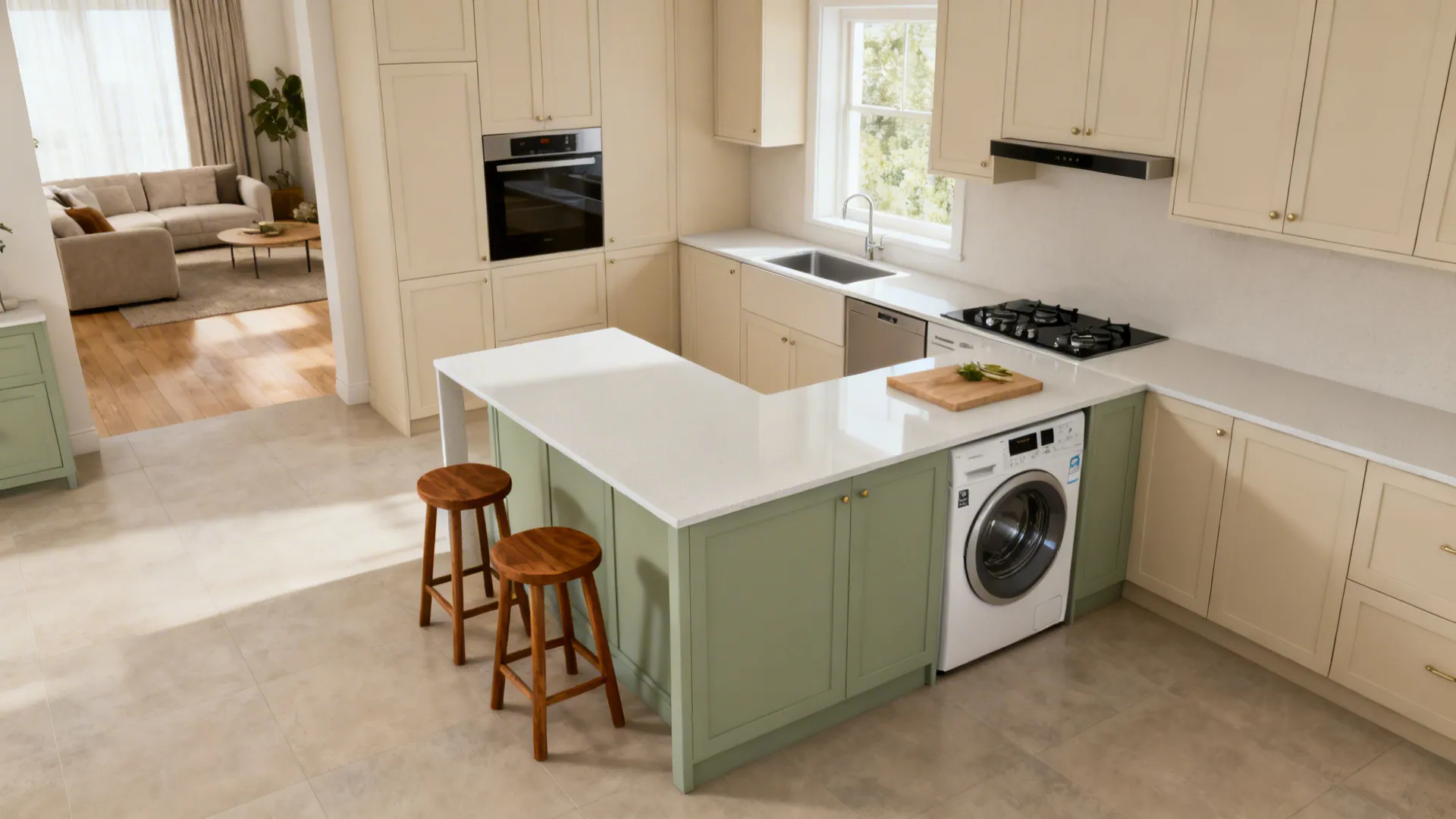 Small studio with L-shaped micro-kitchen, slim porcelain counter, and clear 600 mm prep zone.