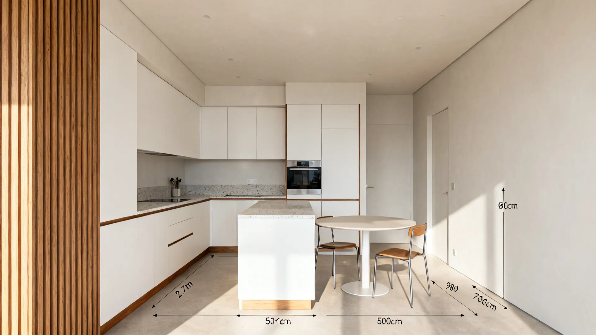L-shaped minimalist white kitchen interior design drawing showing floor layout dimensions with table and chairs
