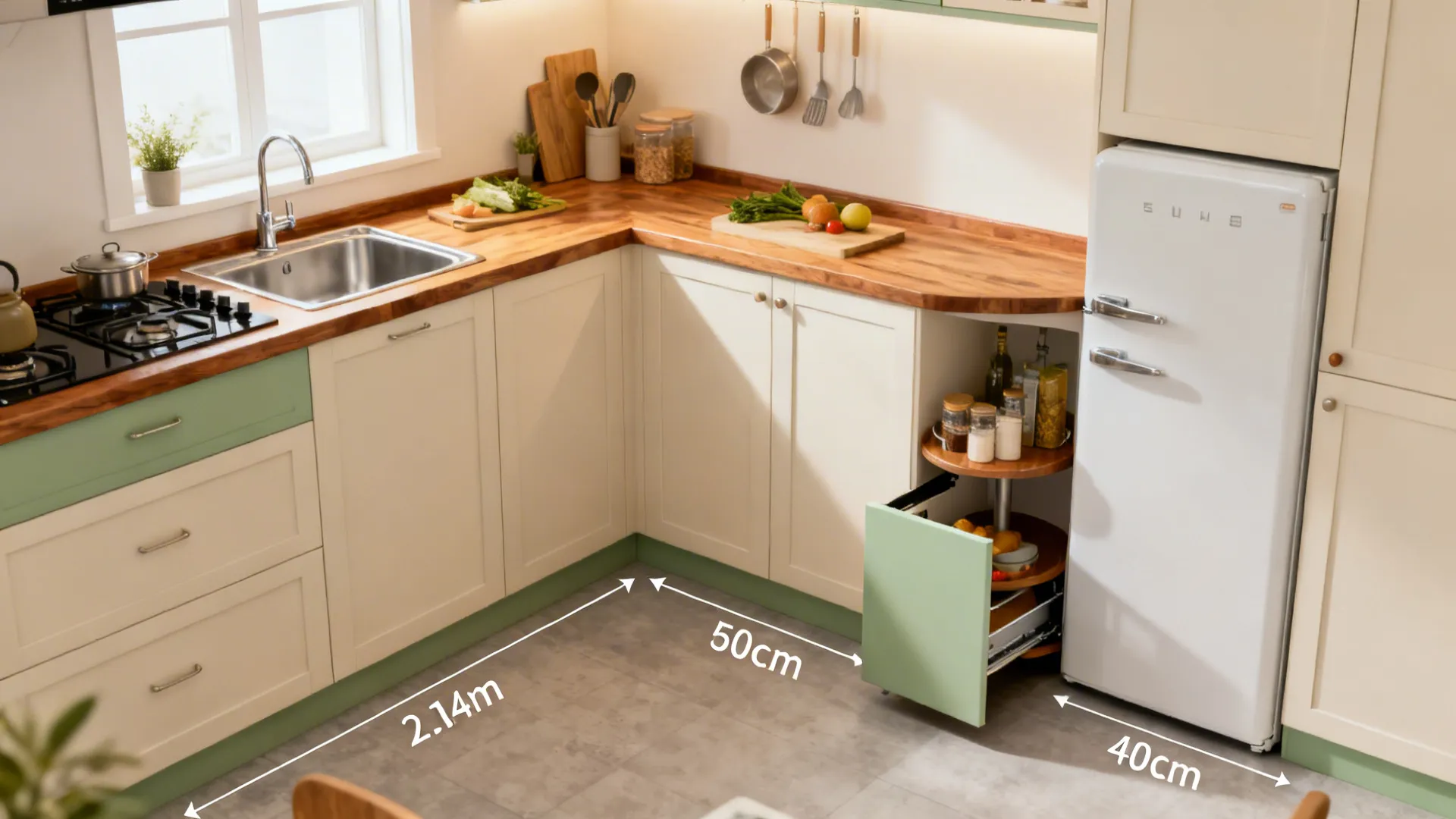 Compact L-shaped kitchen with 90 cm aisle, short return, and efficient work triangle.