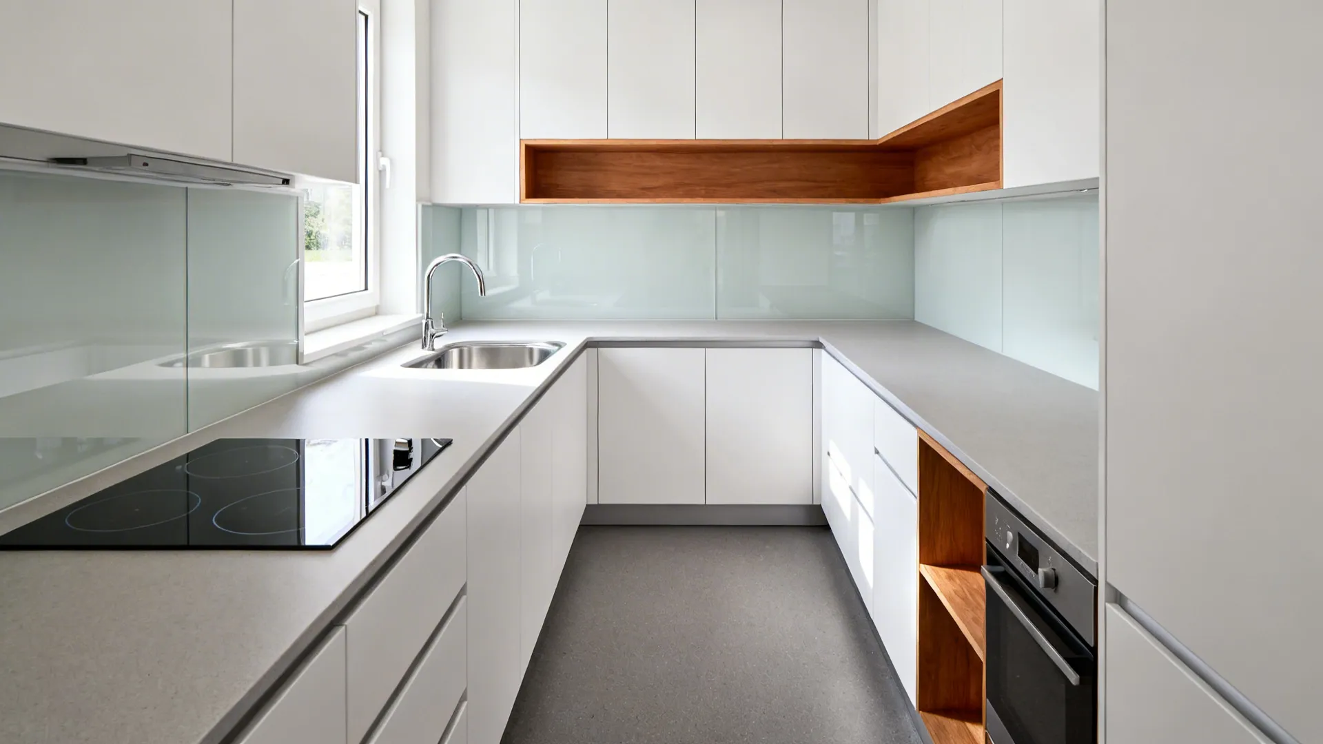 Compact L-shaped kitchen with sink by the window and induction on the short leg.