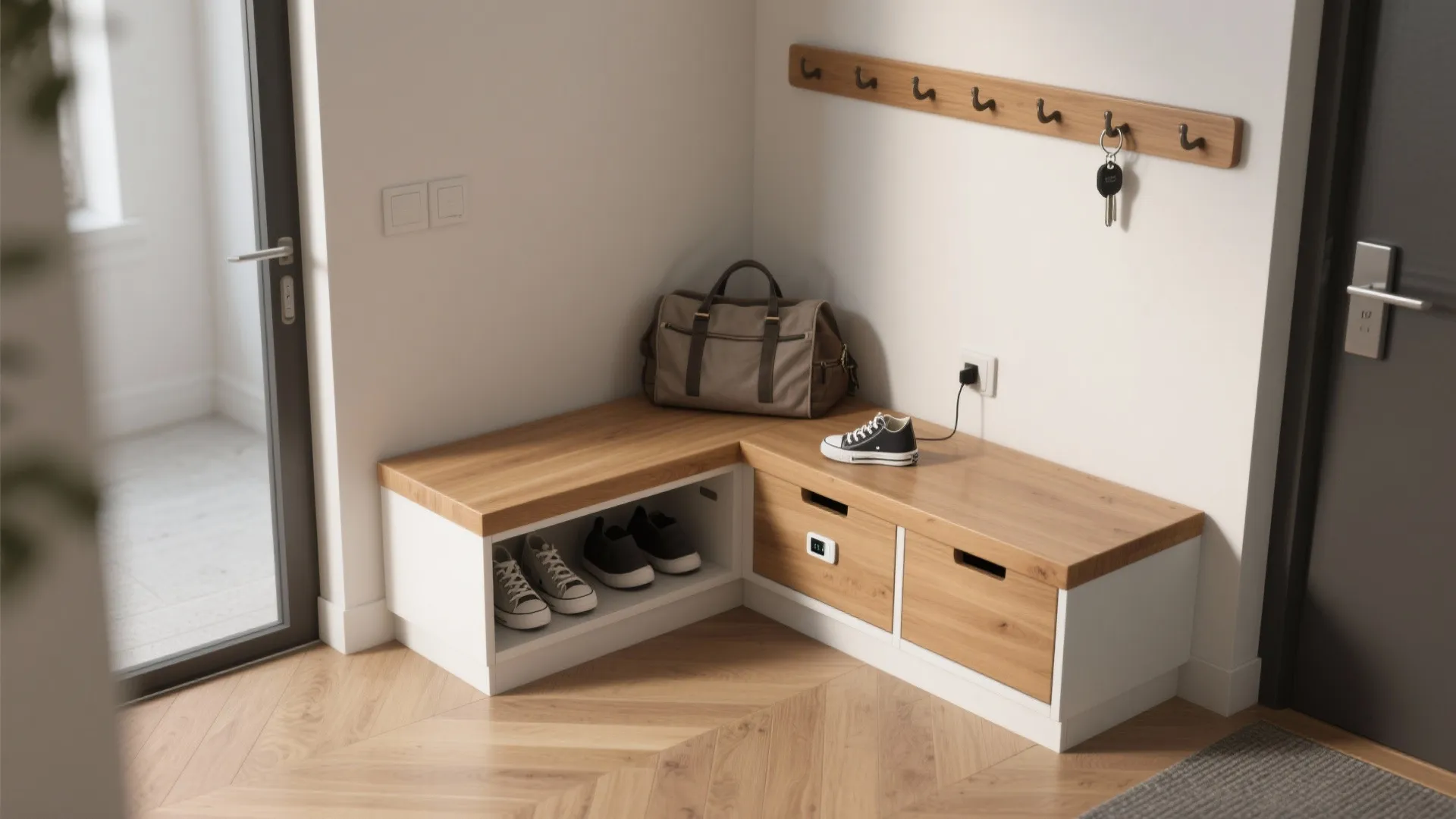Small L-shaped entry bench with shoe drawers and a charging drawer in a bright hall.