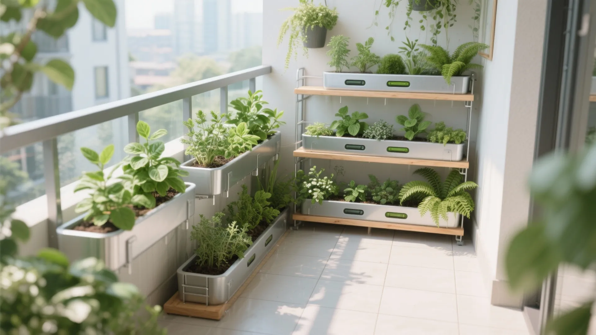 L-shaped balcony micro-garden with slim rail planters and a tiered corner stand.