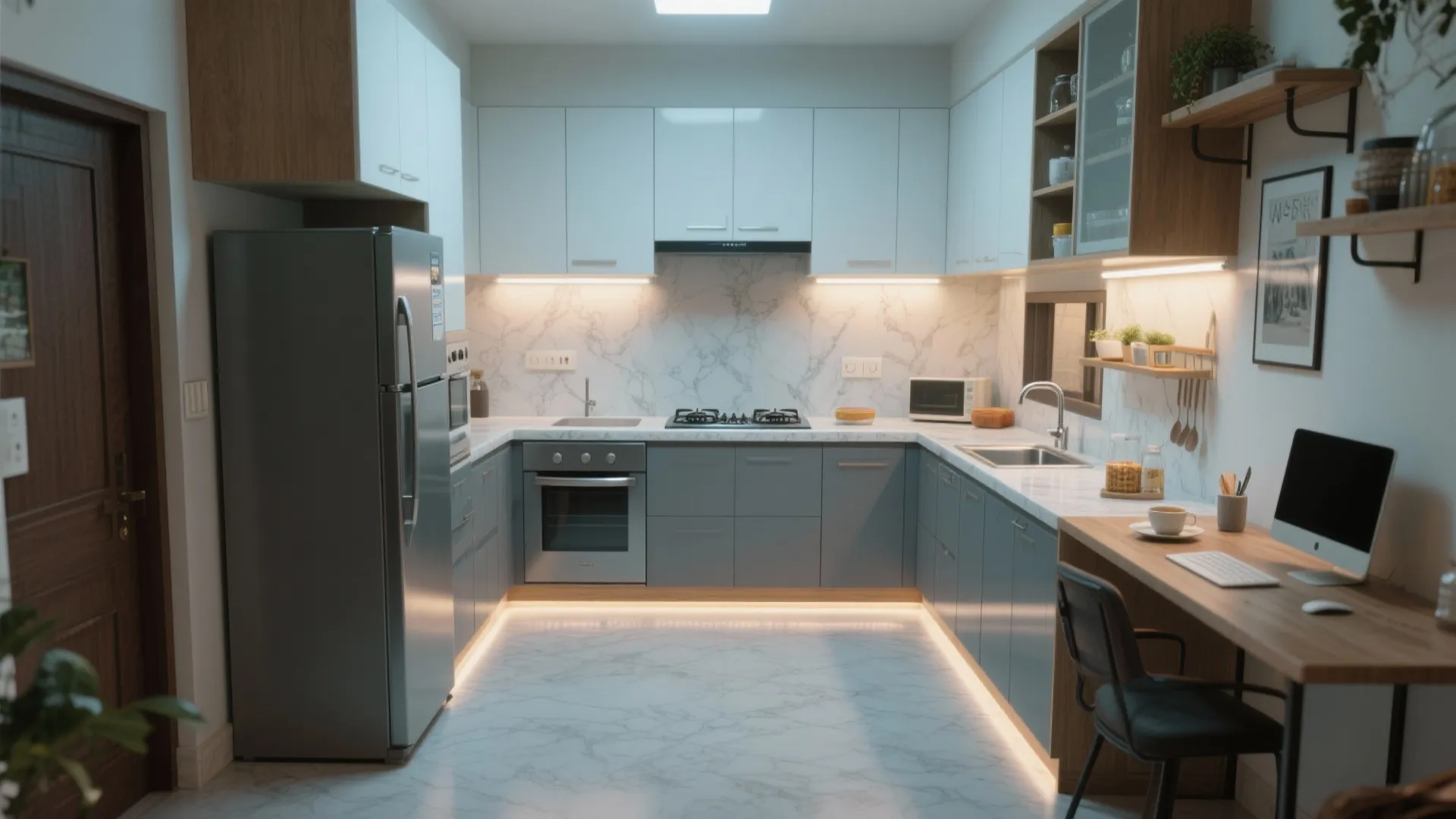 L-shaped micro kitchen layout that unlocks prep surface
