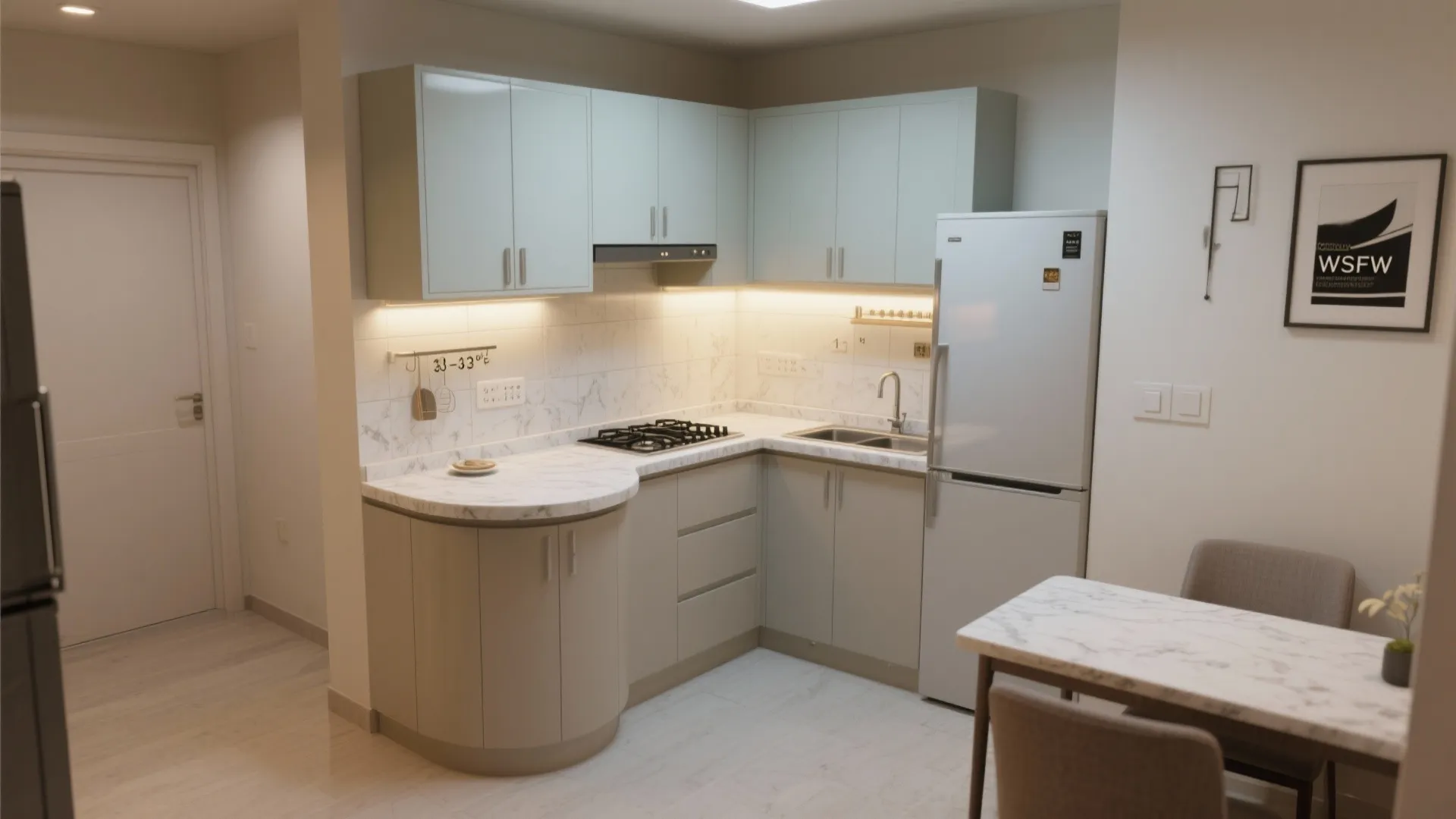 L-shaped micro-kitchen for clean circulation