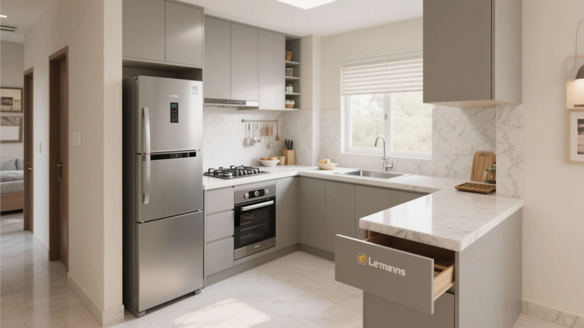 L-shaped micro-kitchen that frees counter space