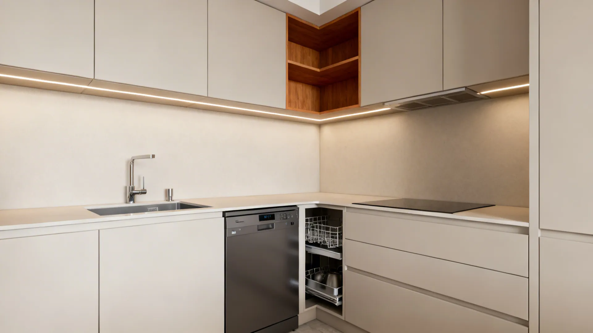 Compact L-shaped kitchen with a clear prep run and integrated appliances.
