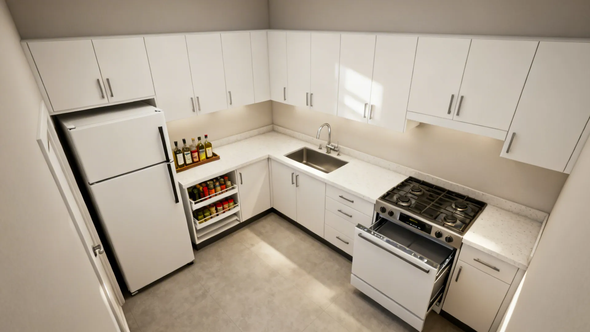 L-shaped compact kitchen with uninterrupted prep run and pull-out spice storage.