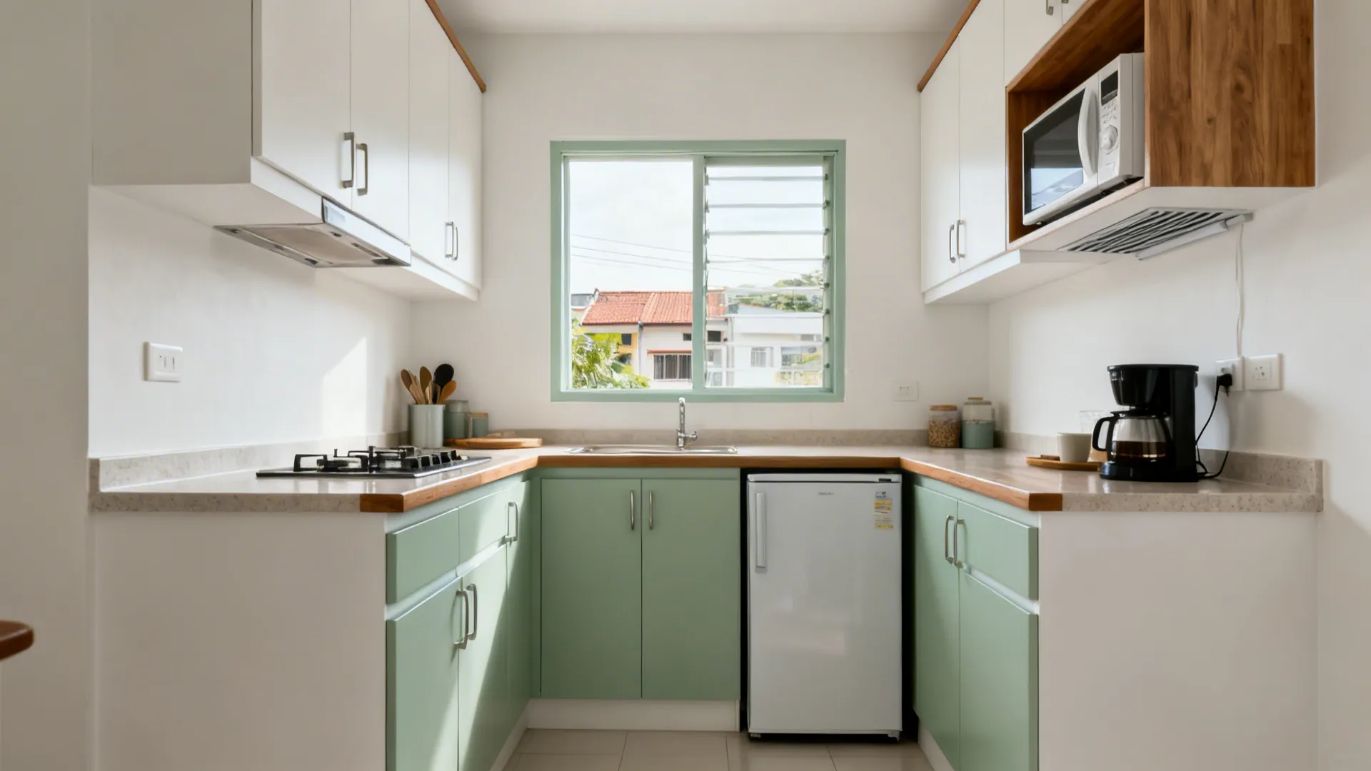 3) L-shaped micro-kitchen that frees counter space