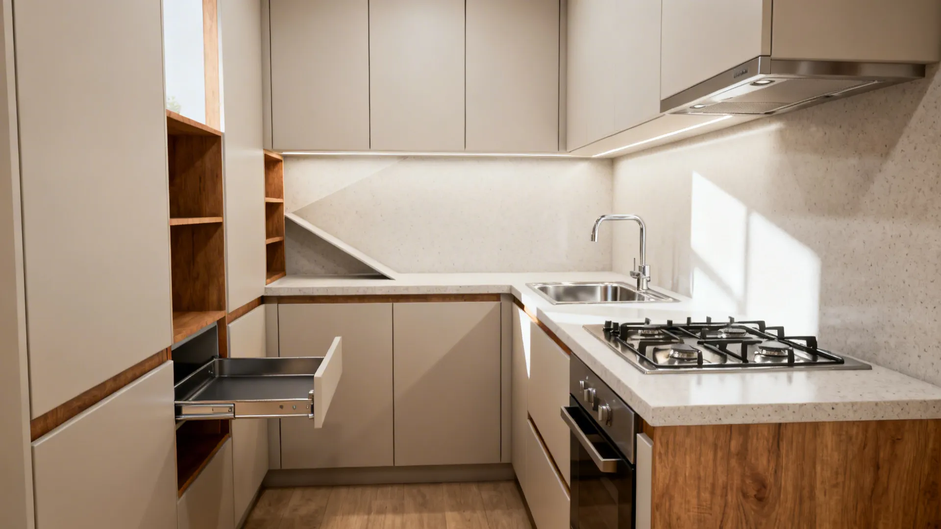 Compact L-shaped kitchen with a long prep run and corner LeMans tray hardware.
