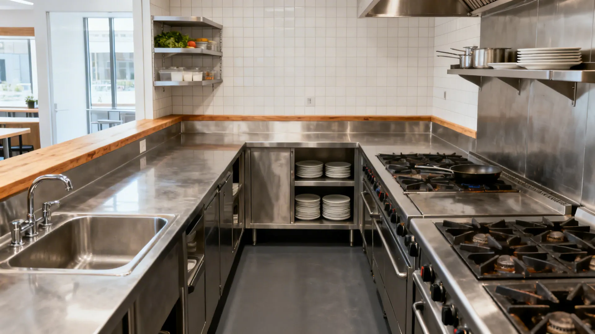 L-shaped micro-line kitchen with clear zones, corner shelf, and a 100–110 cm aisle.
