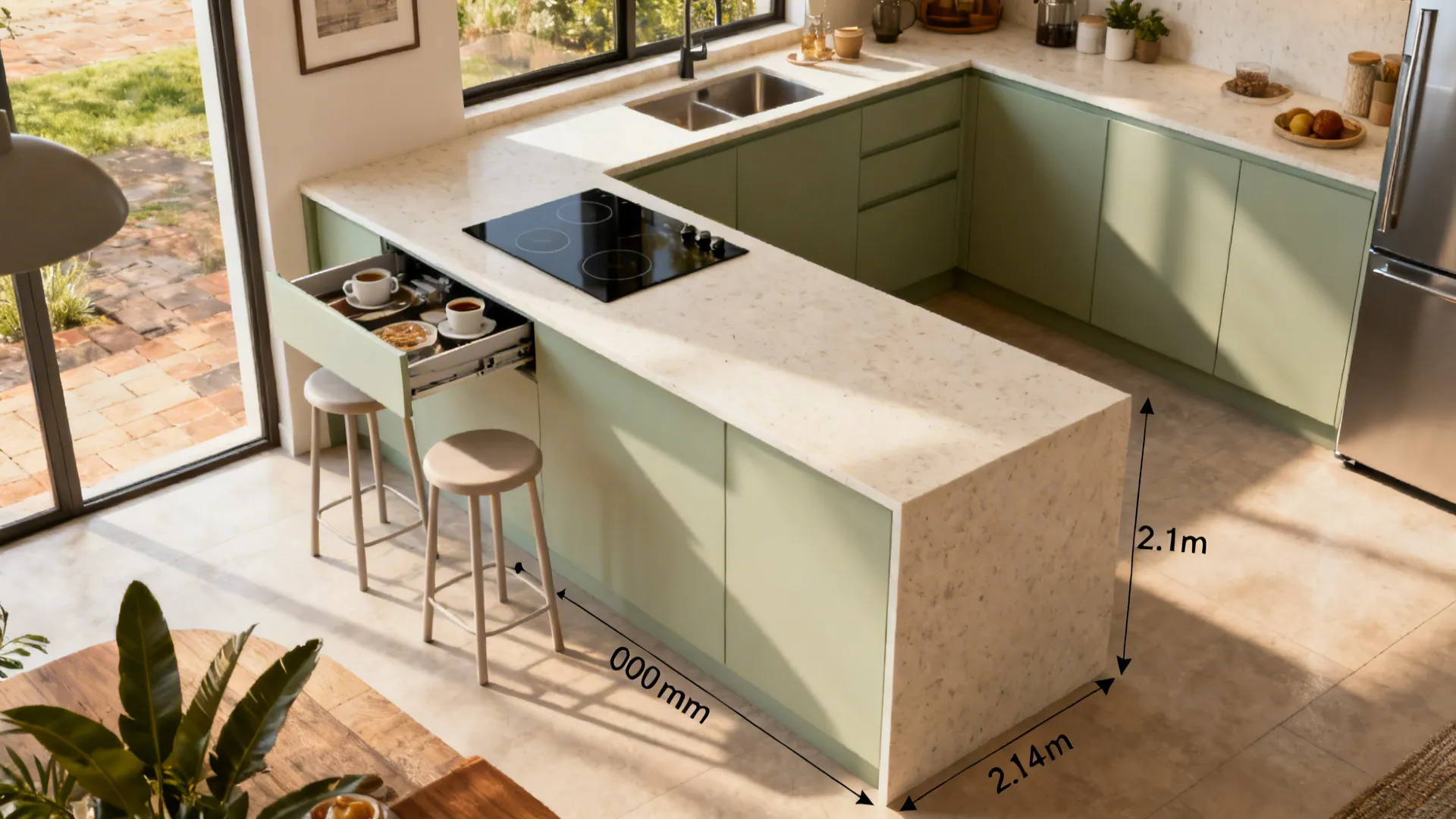 L-shaped micro kitchen with a 300 mm coffee perch and slim stools, optimized for circulation.