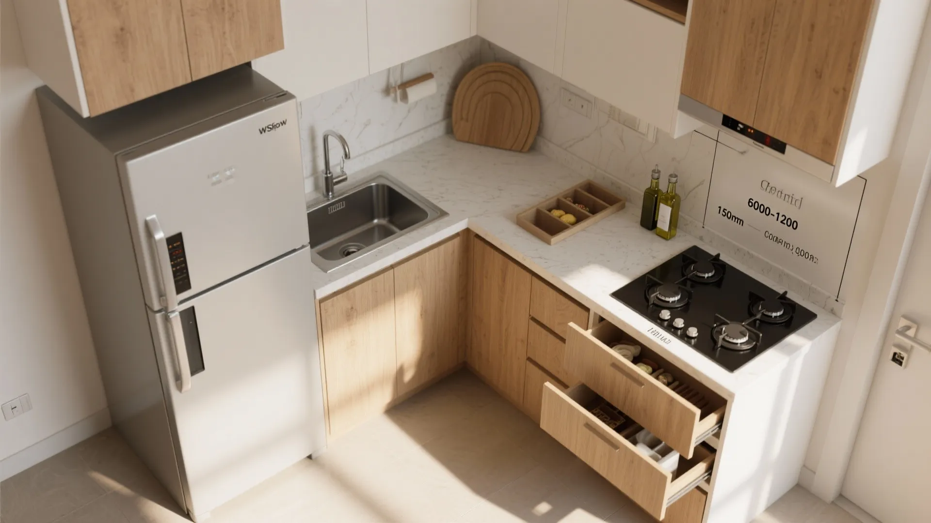 Small kitchen layout with wood cabinets silver fridge marble countertop and black gas cooking stove
