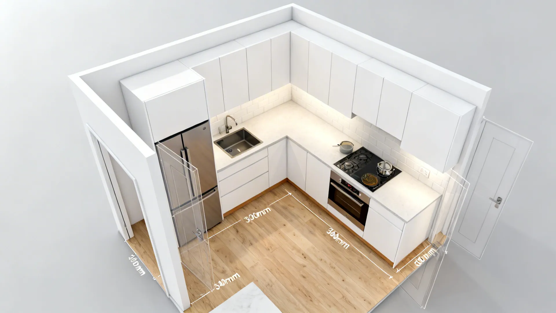 Top-down view of a compact L-shaped kitchen showing clearances and a corner solution.