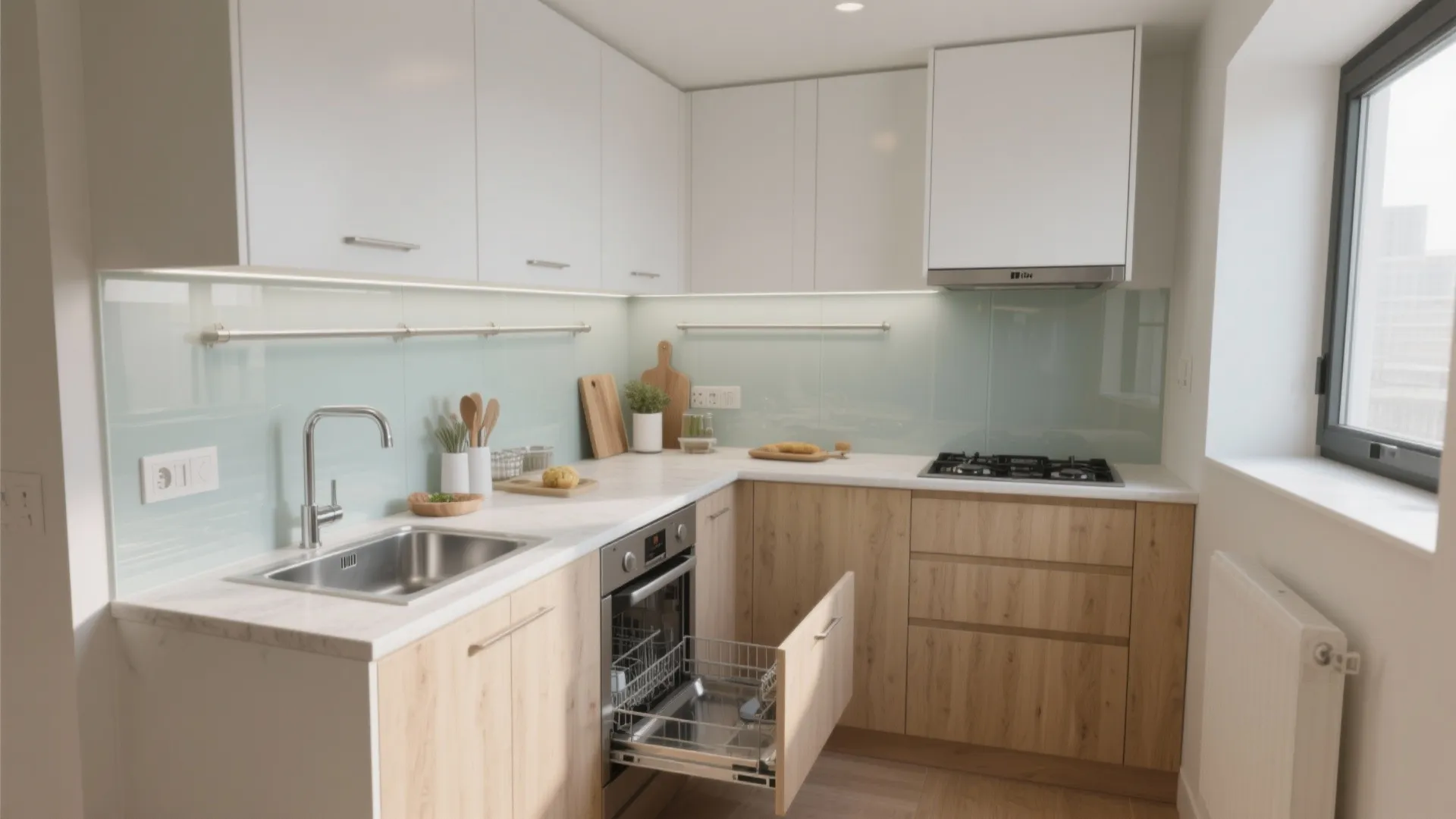 L-shaped micro-kitchen that frees counter space