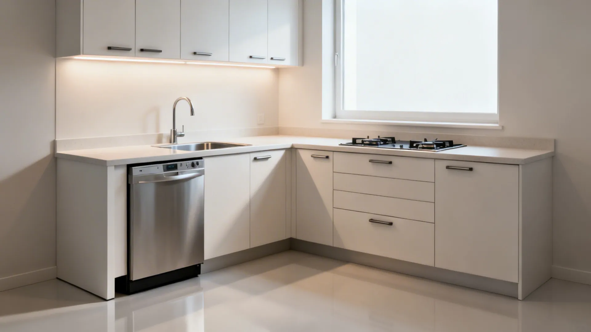 Compact L-shaped studio kitchen with continuous prep counter and shallow return for efficient workflow.