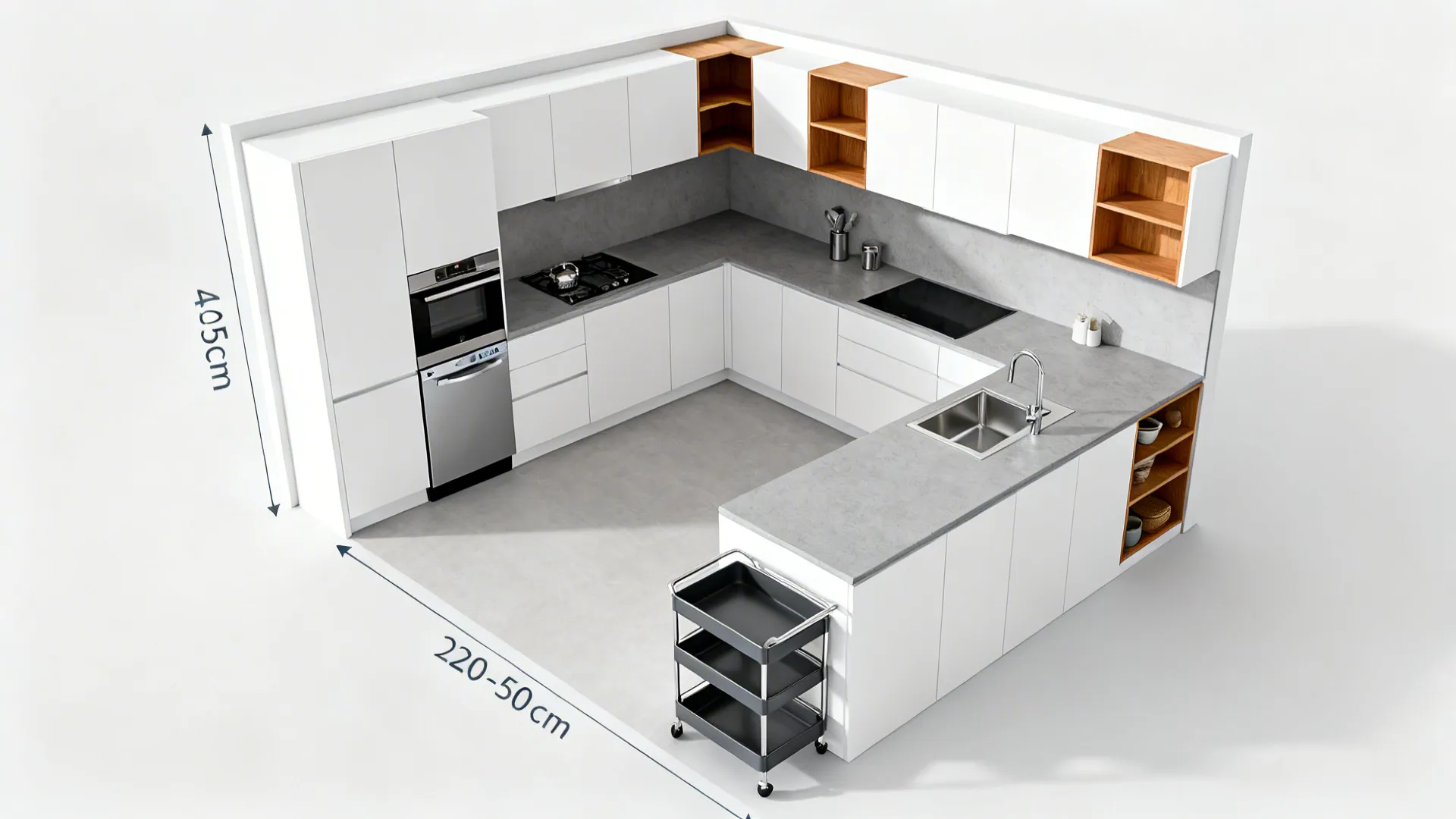 Top-view L-shaped micro kitchen showing clear workflow, corner storage, and a compact dishwasher.