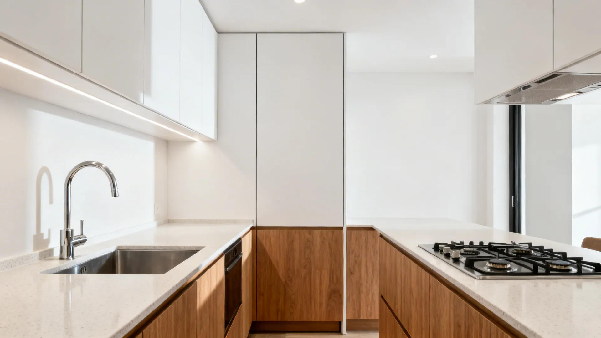 Small L-shaped kitchen featuring white cabinets wood base units silver sink and a gas stove