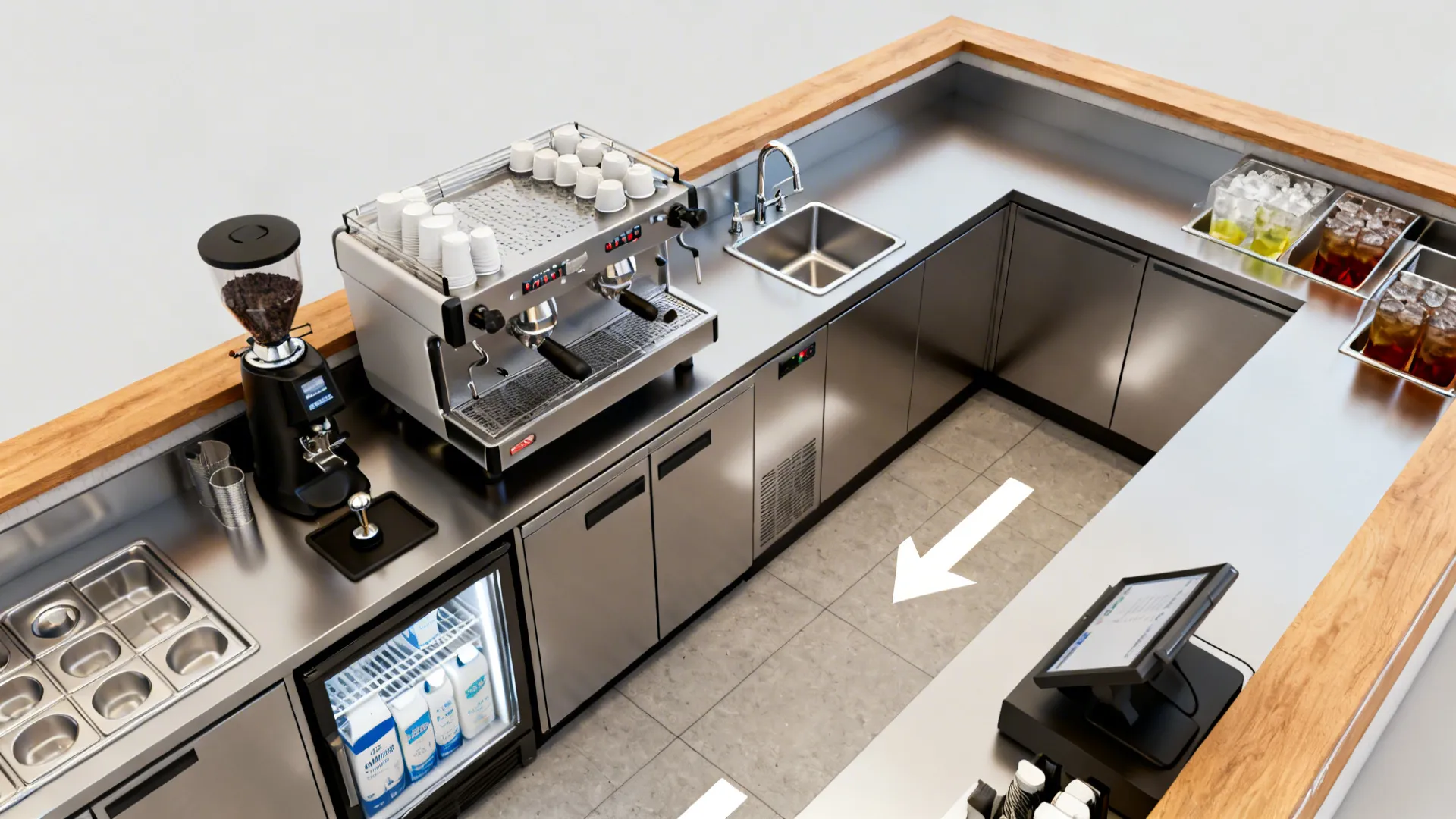 Top-down view of an L-shaped cafe line showing espresso, milk, handwash, cold, and POS micro-zones.