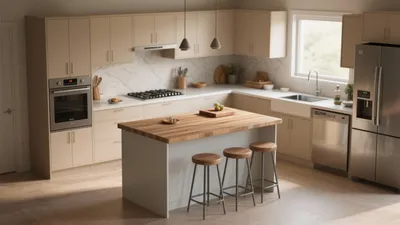 Modern L-Shaped Kitchen with Wood Island & Smart Storage