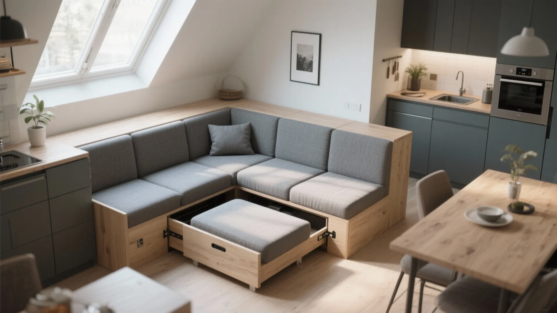 Modern L shaped wooden sofa with grey cushions and pull out drawer in kitchen dining area