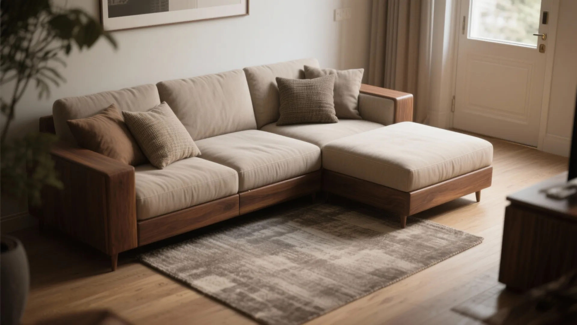 Modern beige sofa with wooden base on grey rug in sunny living room with door