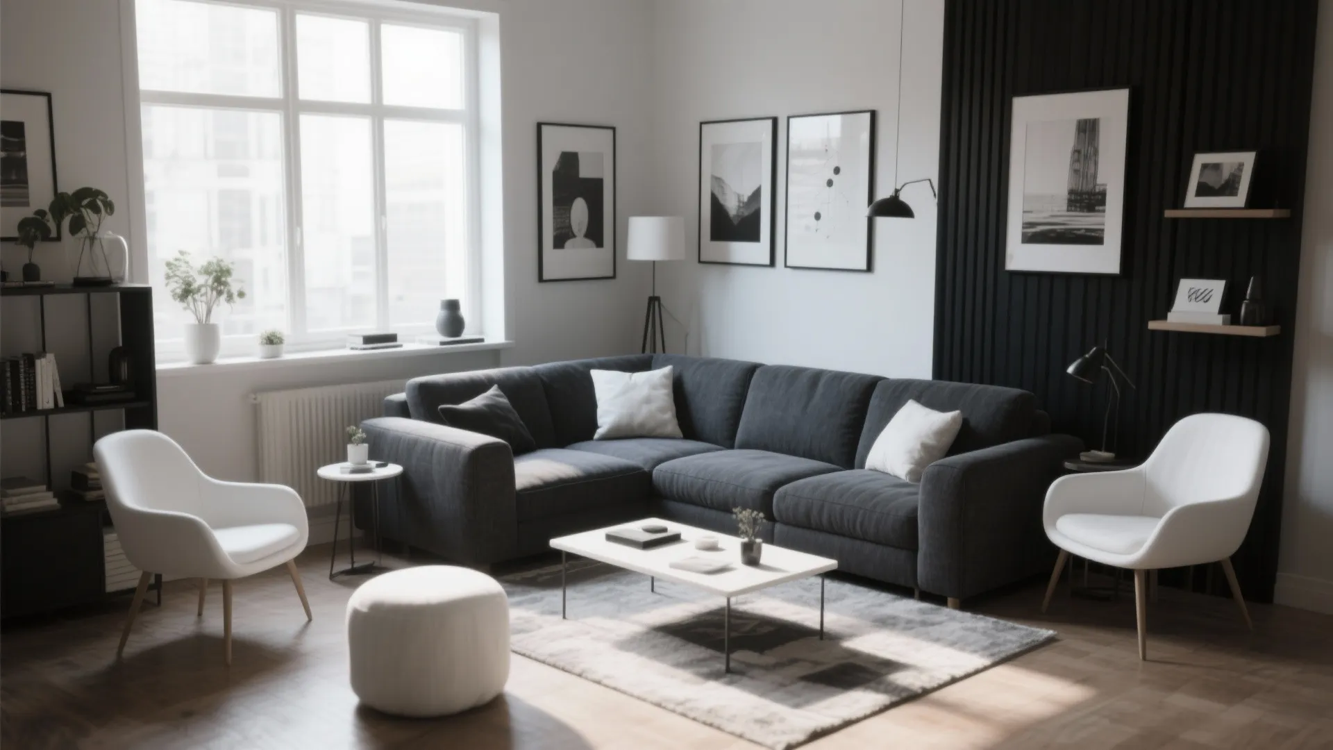 Bright living room with dark l-shaped sofa white chairs white rug and black wall panel