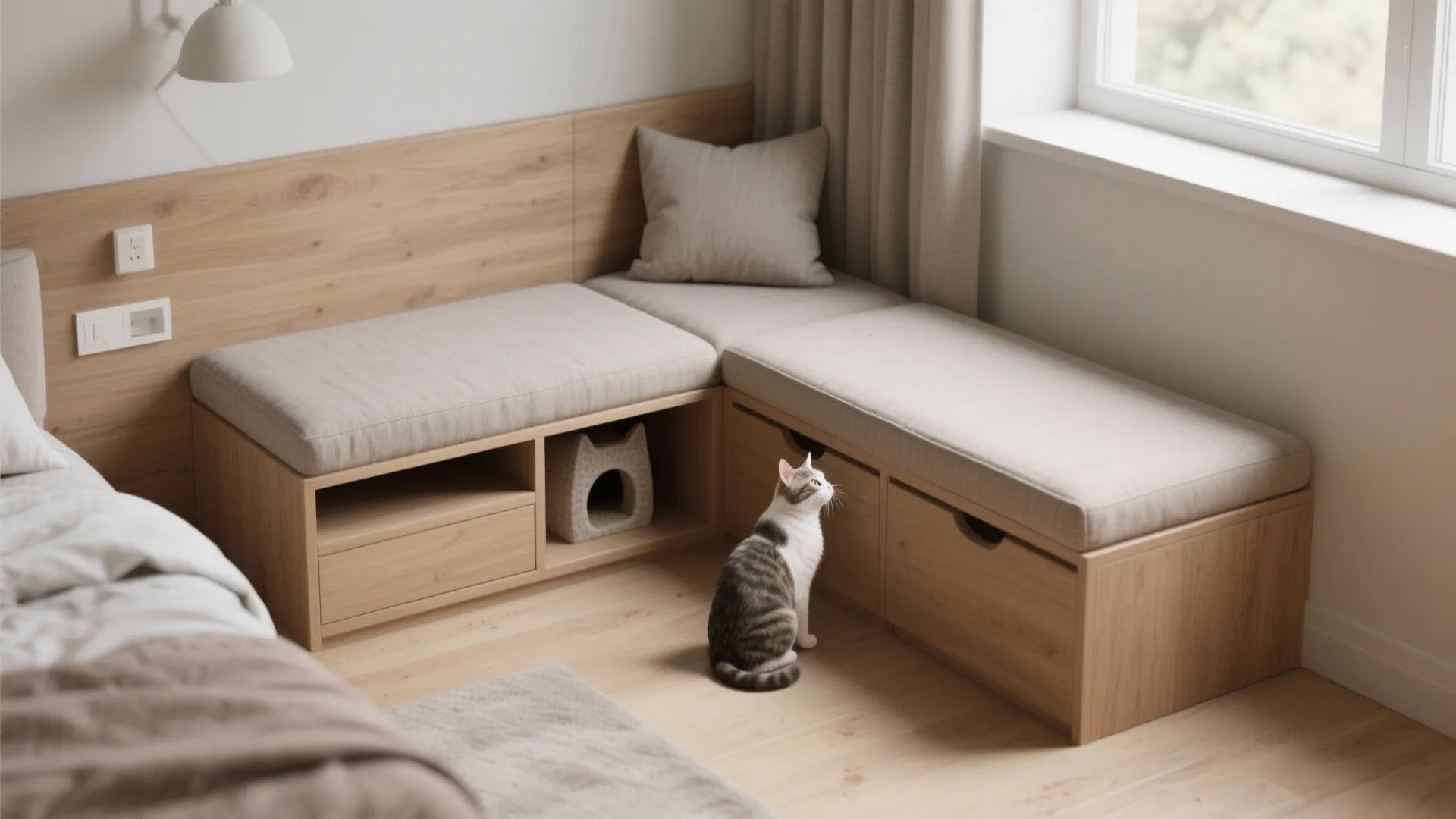 L-shaped wooden seating nook with beige cushions, storage drawers, cat bed, and a tabby cat