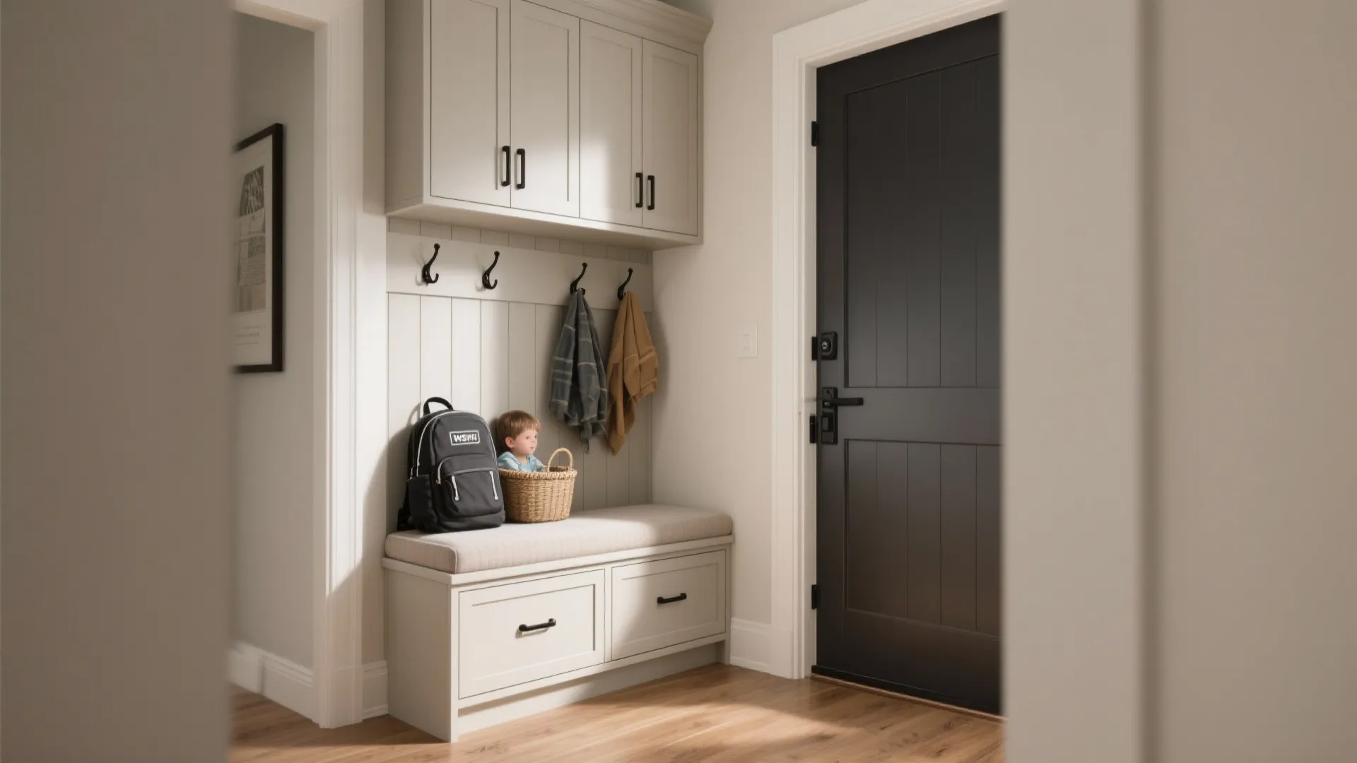 L-Shaped Entry Nook with Bench and Overhead Cupboards