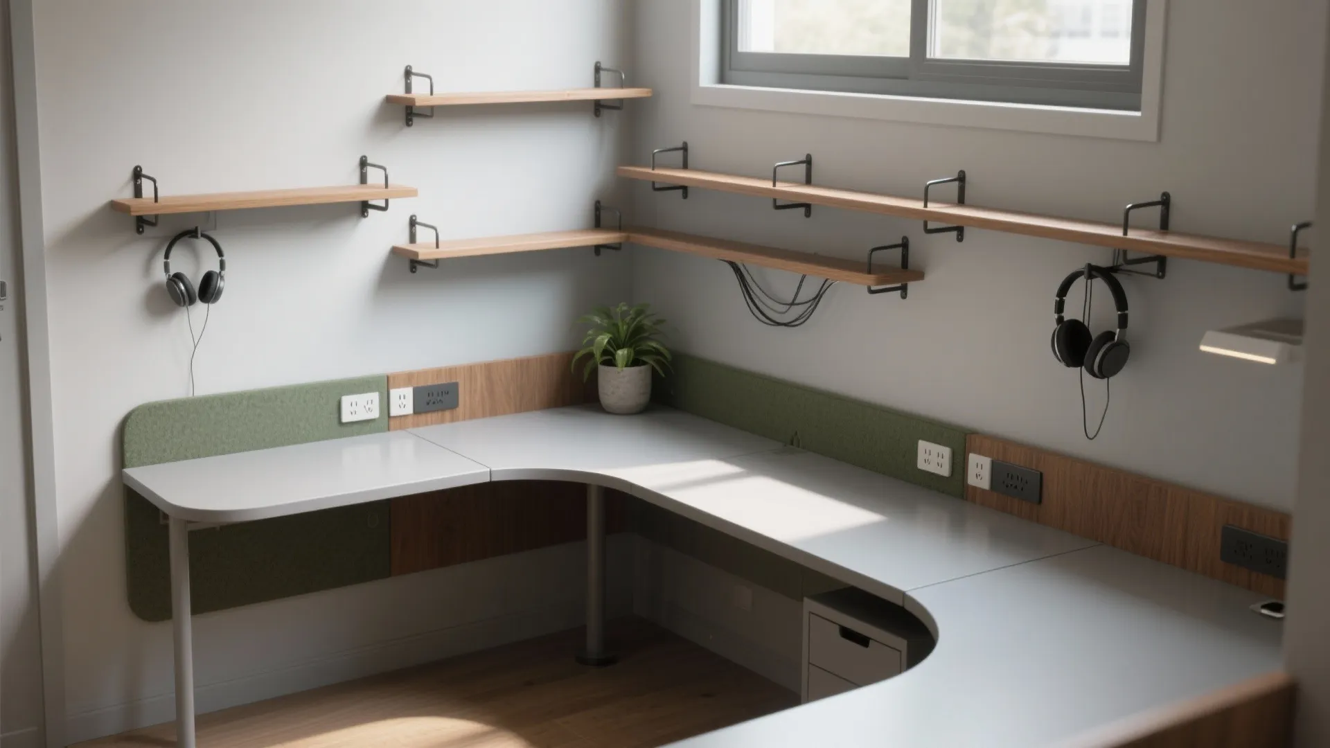 L-shaped corner nook with wall-mounted shelves, peg rails, and integrated power creating a focused study area.