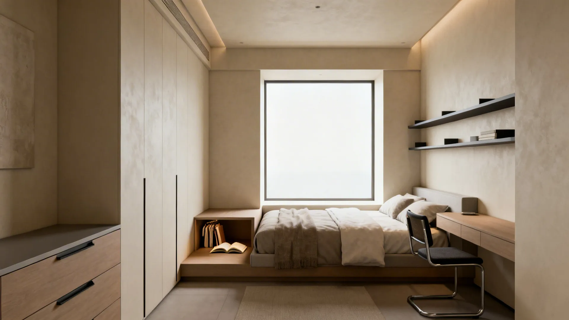 L-shaped bedroom layout with a compact reading nook and low-profile furniture to preserve sightlines.