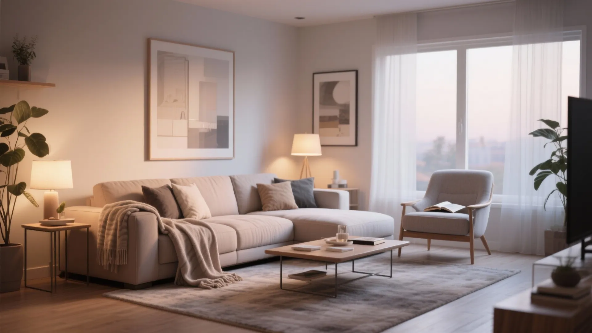 Rectangular living room with L-shaped sofa and reading nook in corner