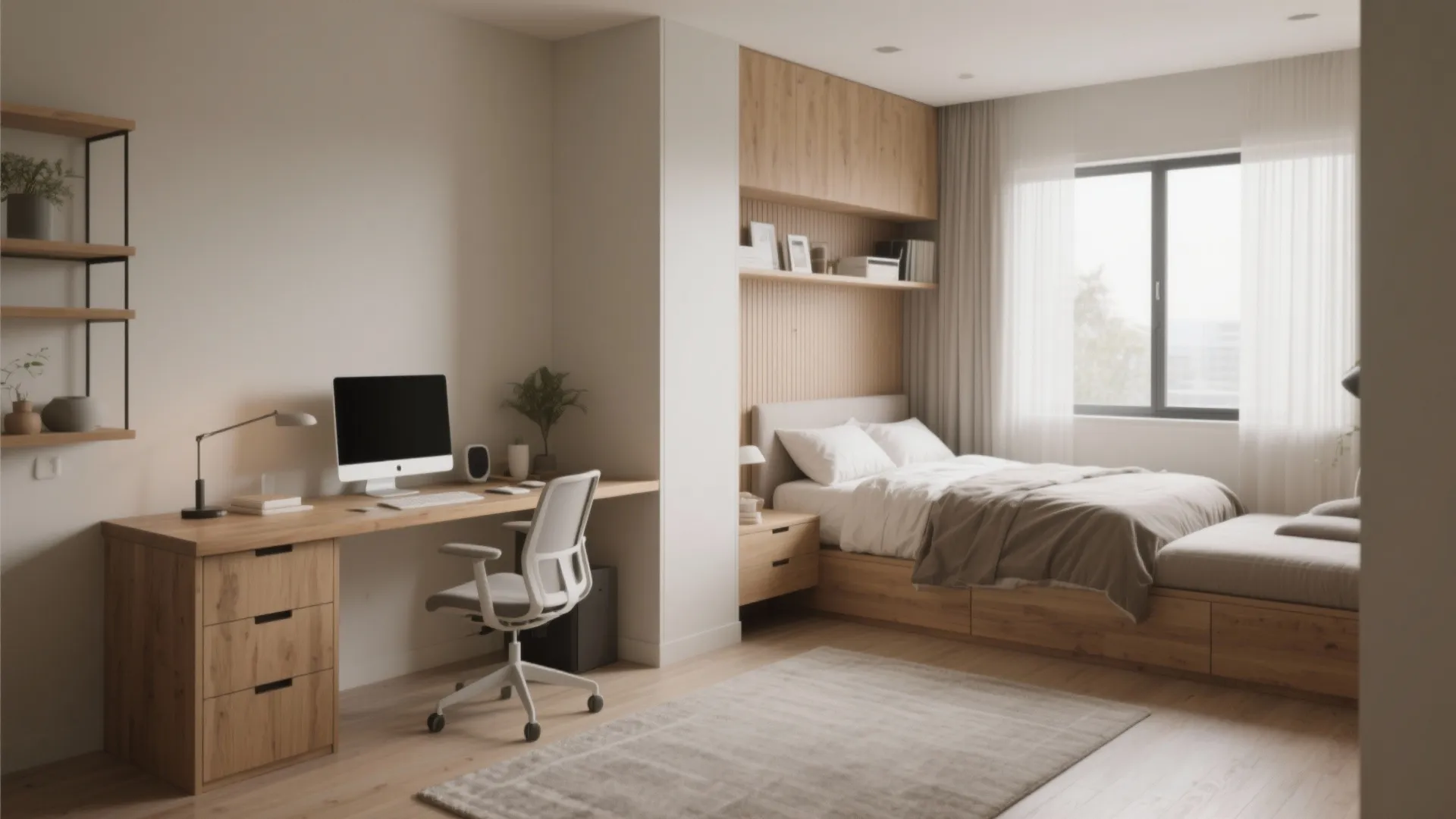 Modern bedroom with wooden desk, office chair, large bed, wall shelves, and bright window light