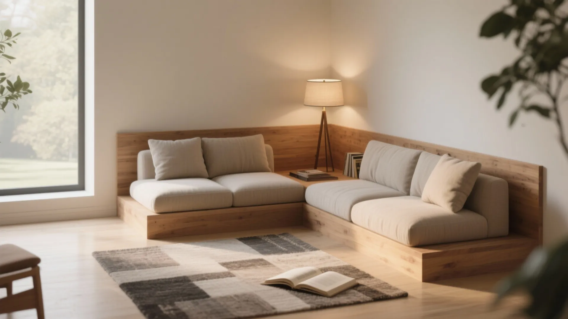 Cozy corner seating area with wooden sofa base, floor lamp, patterned rug, and natural light