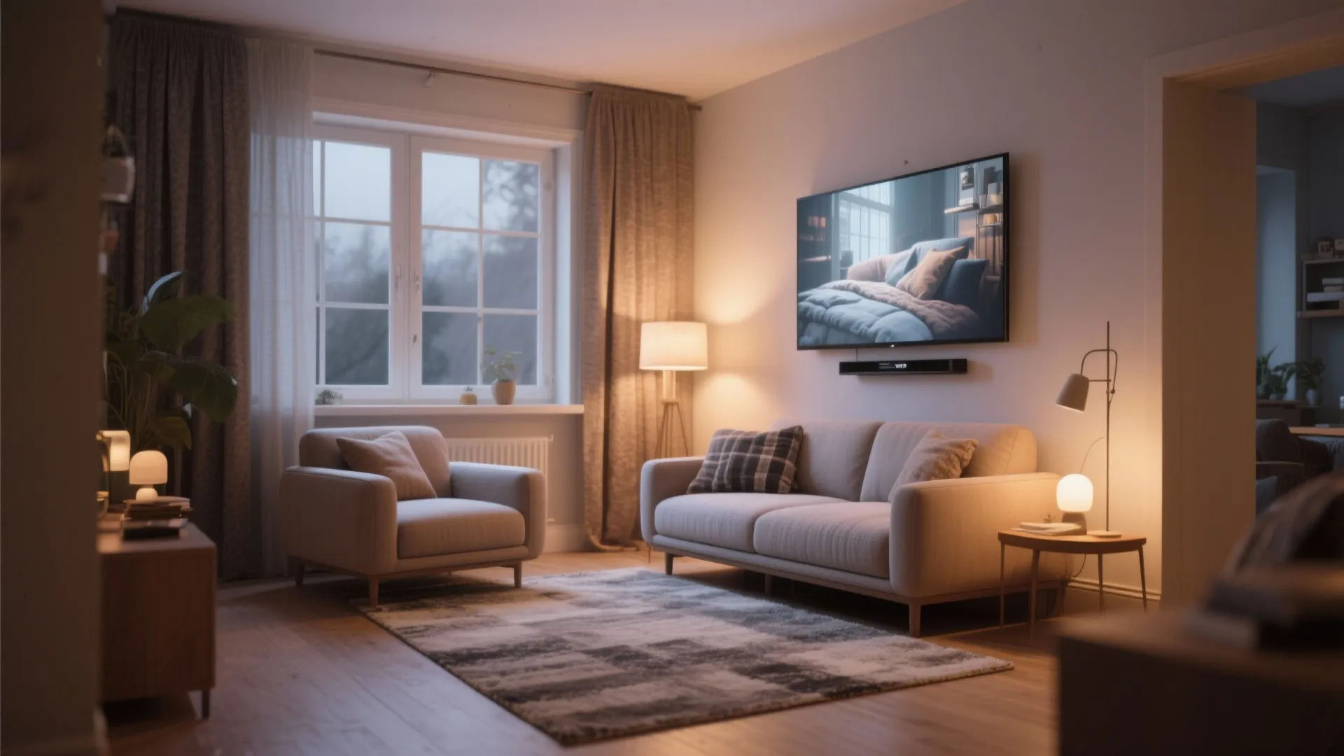 Cozy corner with two small sofas arranged in an L-shape anchored by a rug and low-profile furniture