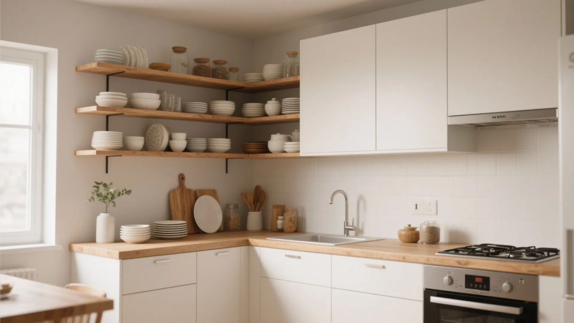 Modern L-shaped kitchen featuring white cabinets and open wooden corner shelves filled with white ceramic dishes