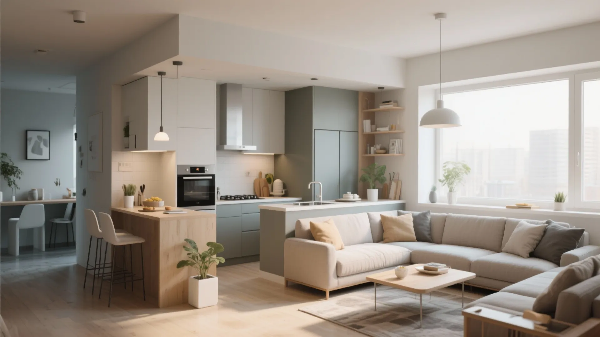 L-shaped kitchen in small open plan living space