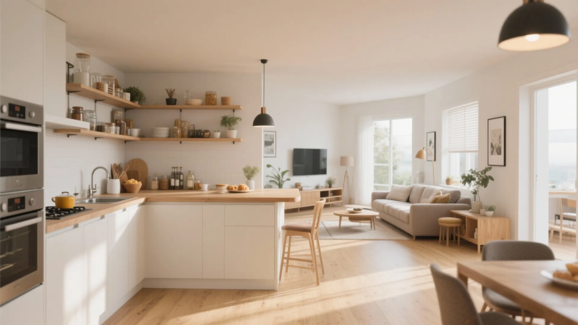 Open kitchen with L-shaped layout and breakfast bar
