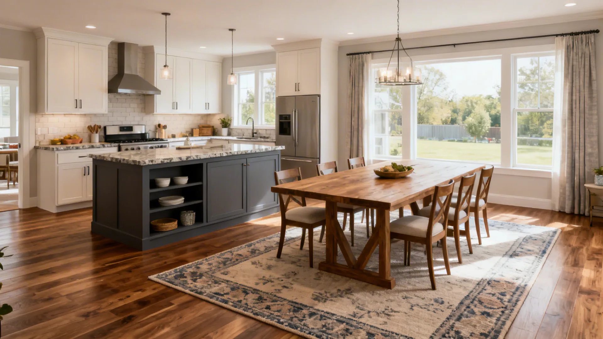 Open-plan L-shaped space with an 8-seat table aligned to the kitchen and a clear main pathway.