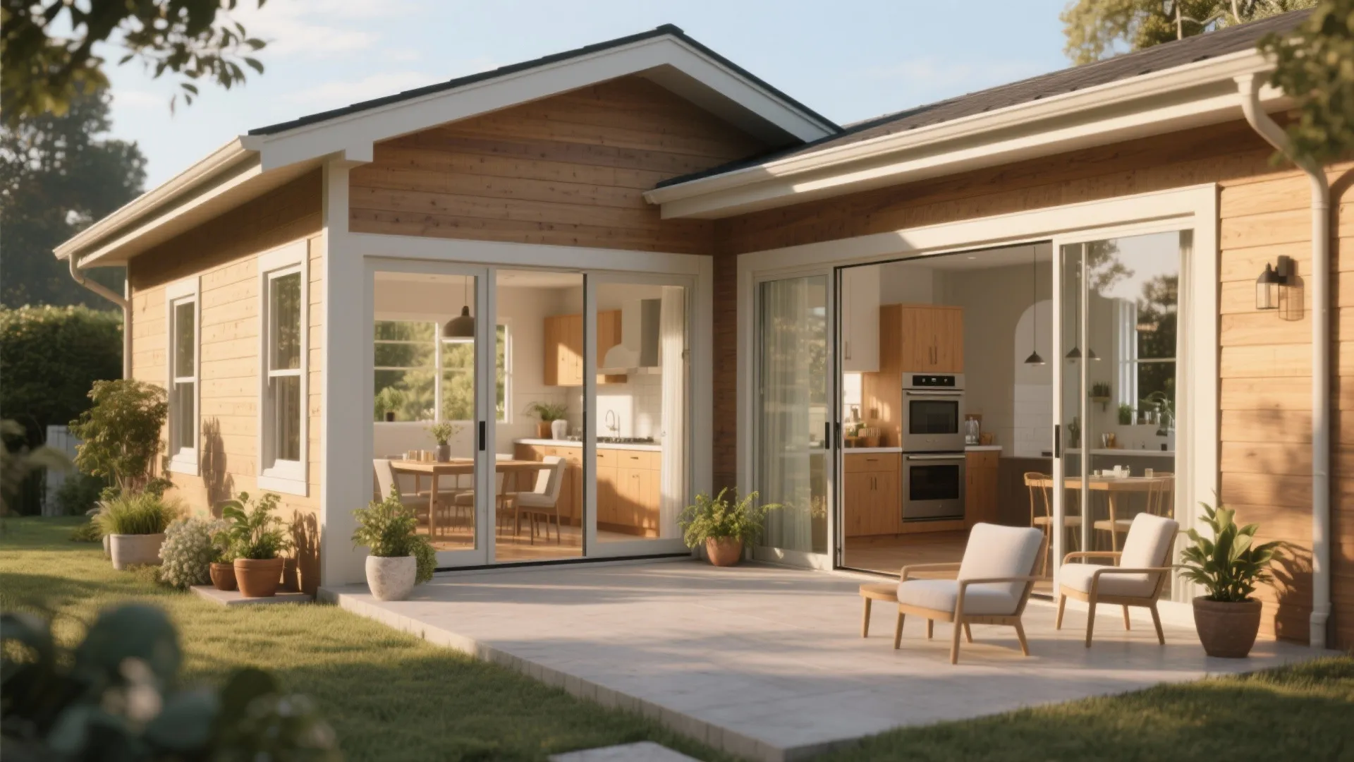 Modern wooden house with large sliding glass doors leading to a bright outdoor patio area