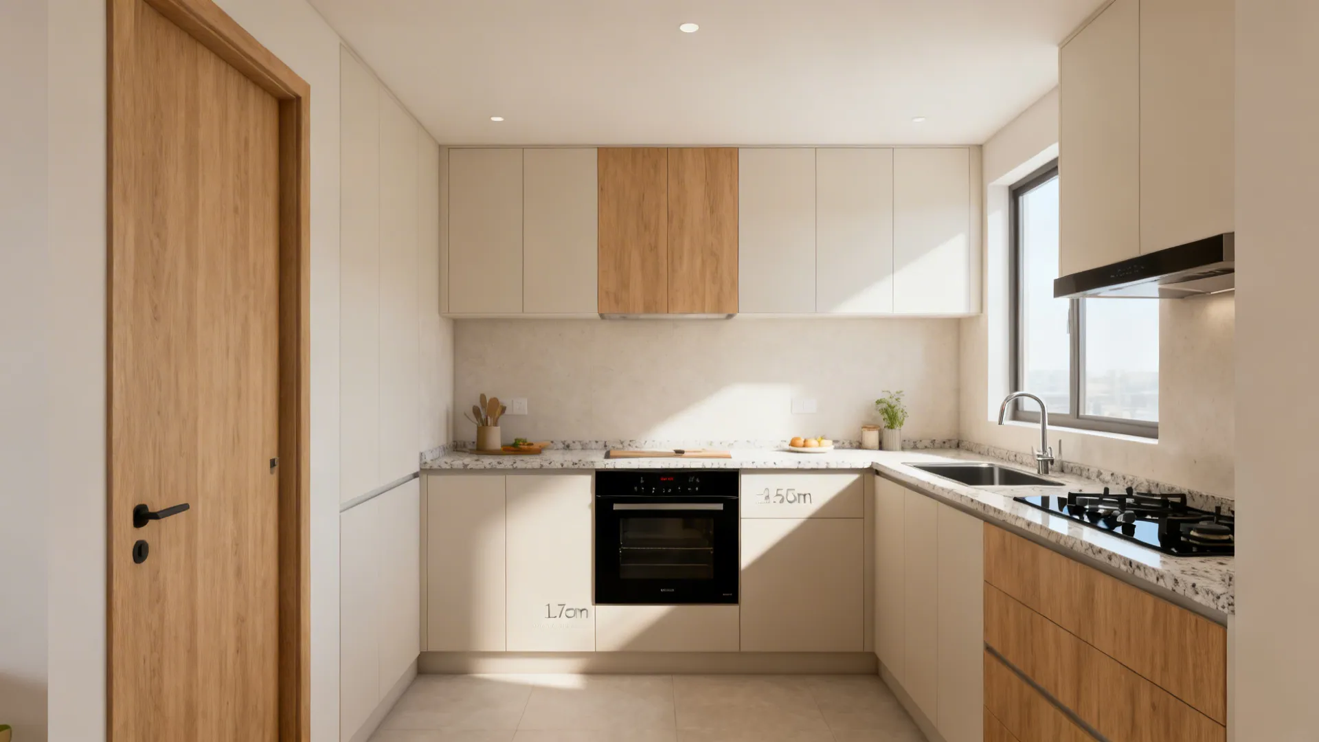 L-shaped compact kitchen with the oven on the quieter leg and a generous prep zone by the sink.